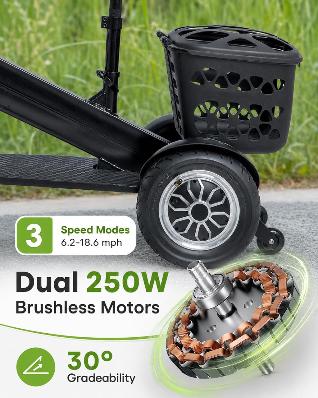 3-Wheel Mobility Scooter for Seniors & Adults, 500W Motor, Long Range | LED Headlight & Removable Basket Adjustable Seat & Handlebar Mobility Device Supports up to 330 lbs