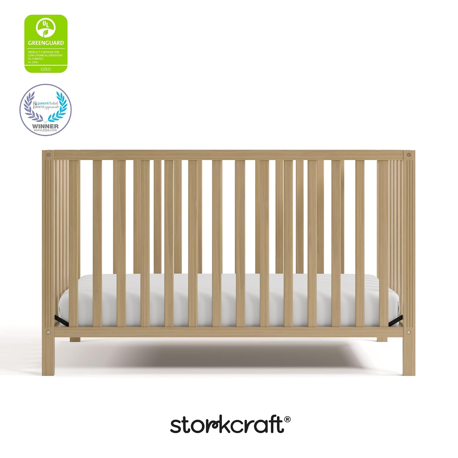 Storkcraft Morningside 5-in-1 Convertible Crib – GREENGUARD Gold Certified, Fits Standard Crib Mattress, Converts to Toddler Bed, Daybed and Full Bed, 4 Adjustable Mattress Heights (Driftwood)