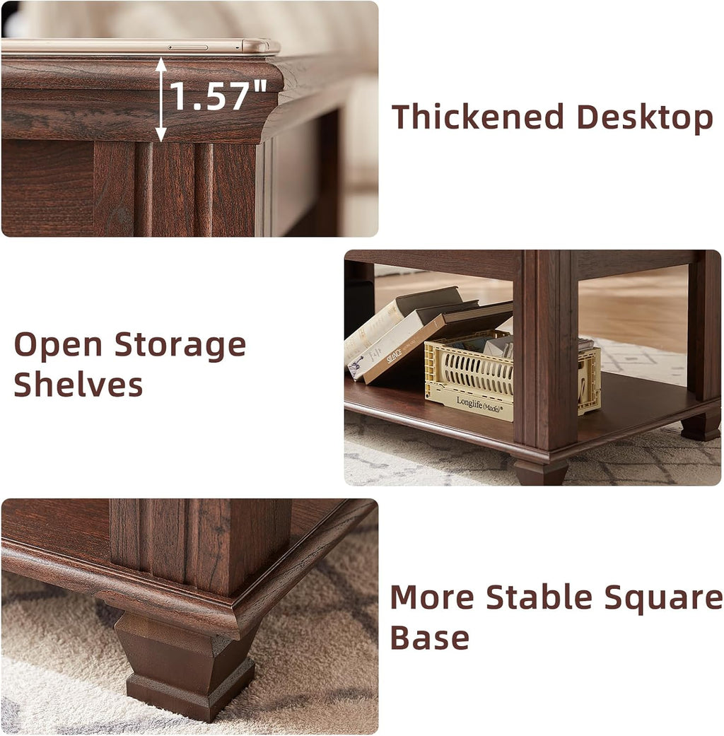 SAVOR LIFE Farmhouse Coffee Table Set of 3,Rustic Wooden Living Room Table Set,Large Coffee/End Side Tables with Open Shelf for Living Room,Walnut