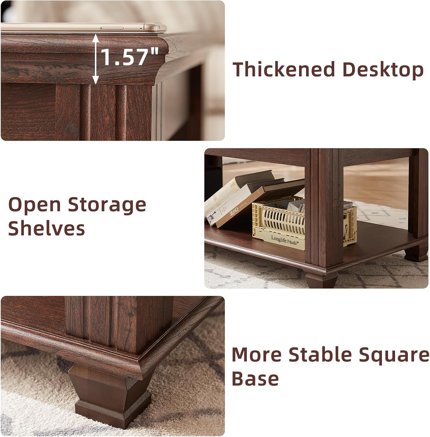 SAVOR LIFE Farmhouse Coffee Table Set of 3,Rustic Wooden Living Room Table Set,Large Coffee/End Side Tables with Open Shelf for Living Room,Walnut