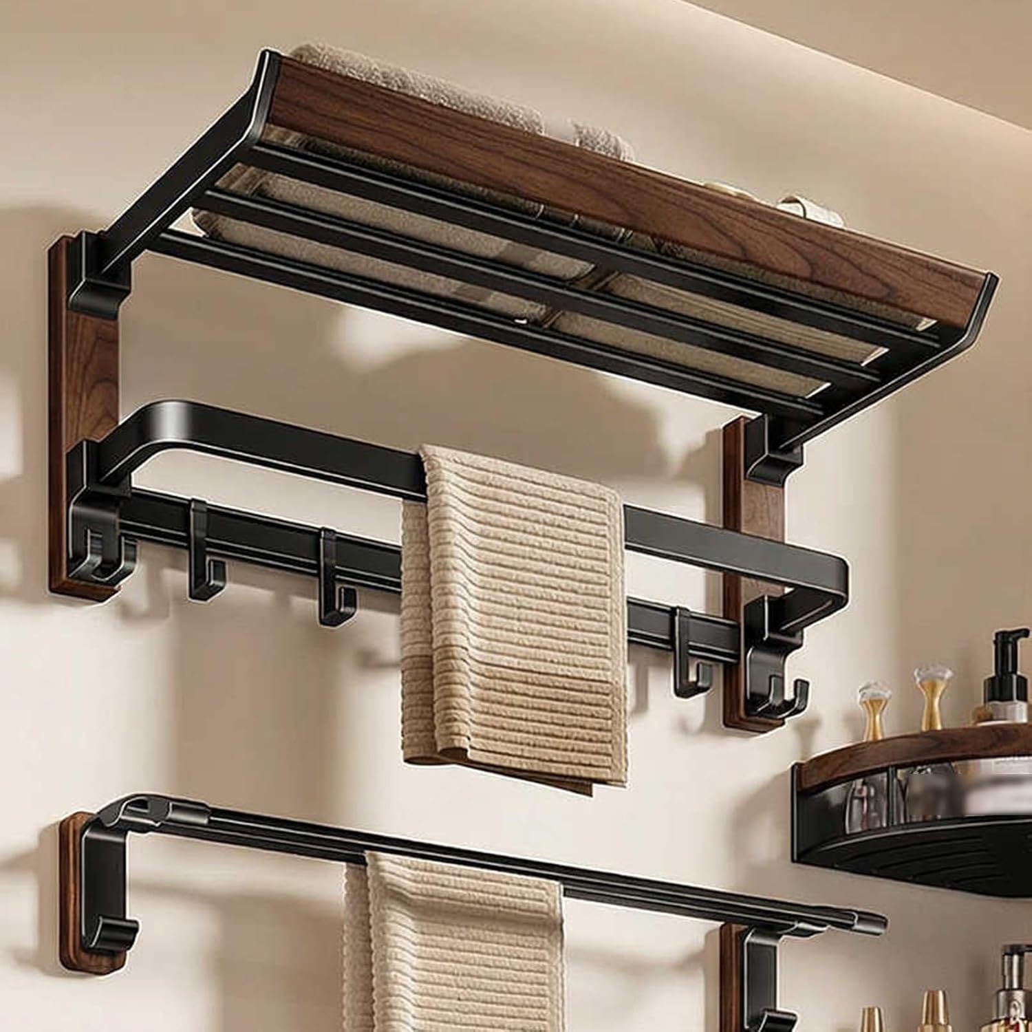 Towel Rack,Space Aluminum+Solid Wood Double Layer Bar Wall Mounted,with Double Foldable Shelf,Mesh Basket and Hooks,for Bedroom Bathroom Kitchen(20.3x25.4x50cm)