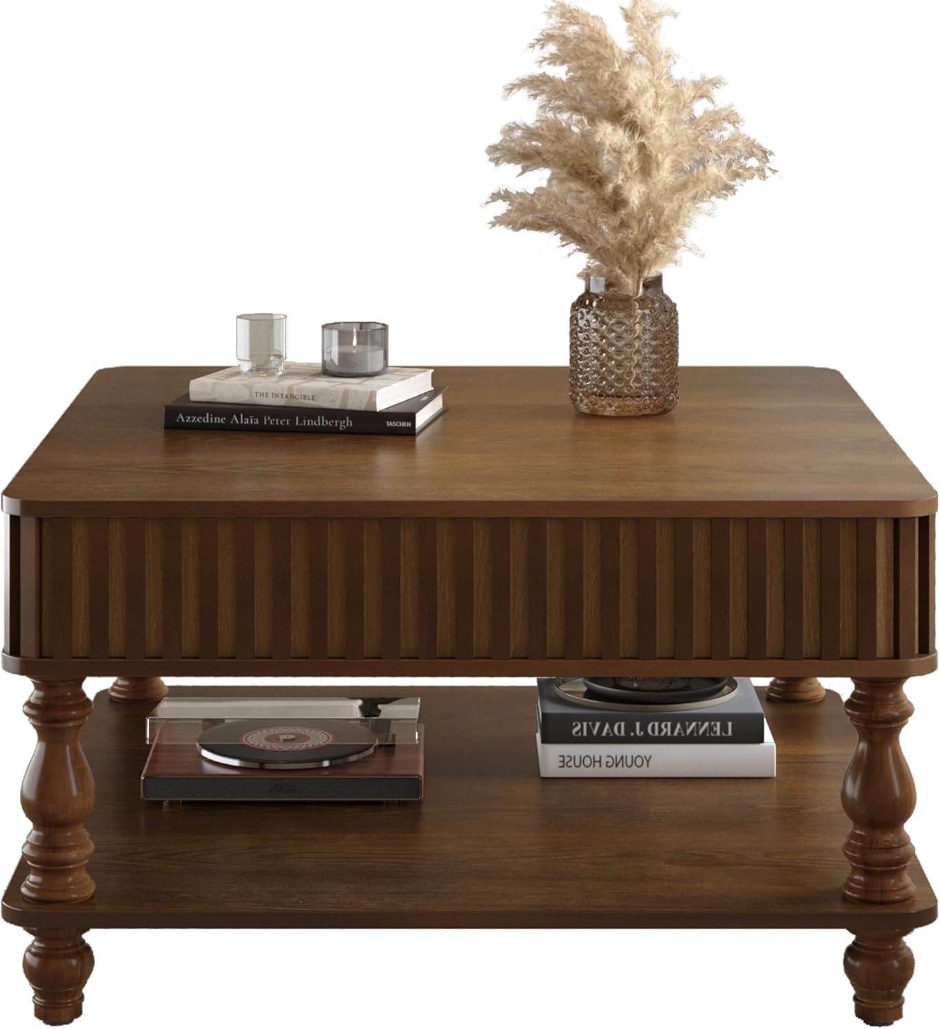 HARR Lift Top Square Coffee Table with Storage, 31.5'' Sofa Side End Table, Fluted Design Hydraulic Raising Mechanism, Hidden Compartment & Open Shelf, Retro Solid Wood Legs for Living Room, Walnut