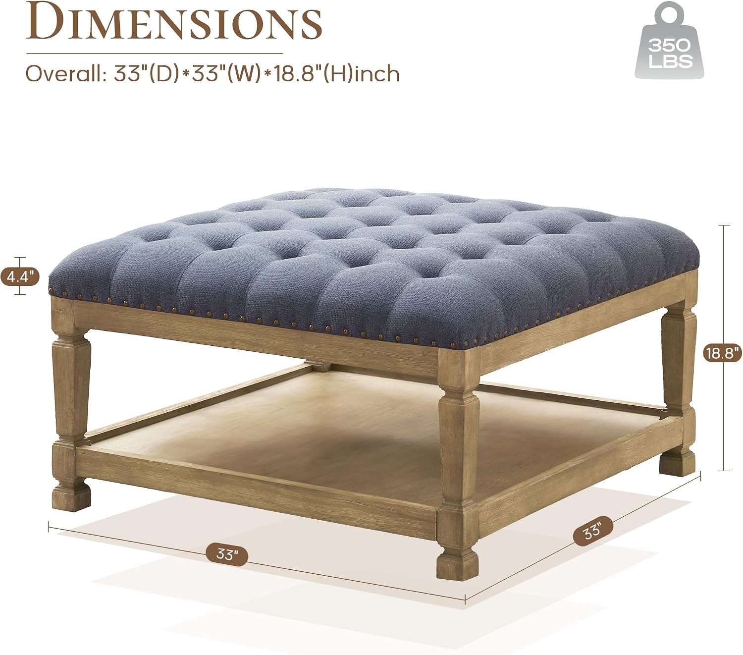 Ottoman Coffee Table,Square Wooden Upholstered Tufted Ottoman Foot Rest with Storage, Padded Linen Coffee Tables for Farmhouse Lliving Room (Blue)