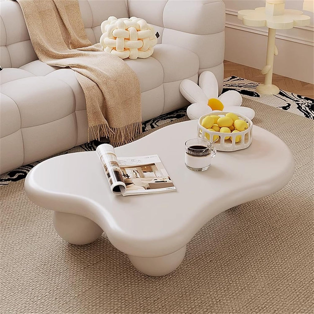 47.2' Cloud Coffee Table, Modern Coffee Table Unique Tea Table, Cute Cloud-Shaped Center Table with 3 Ball Legs for Living Room Home Office, Easy Assembly,White