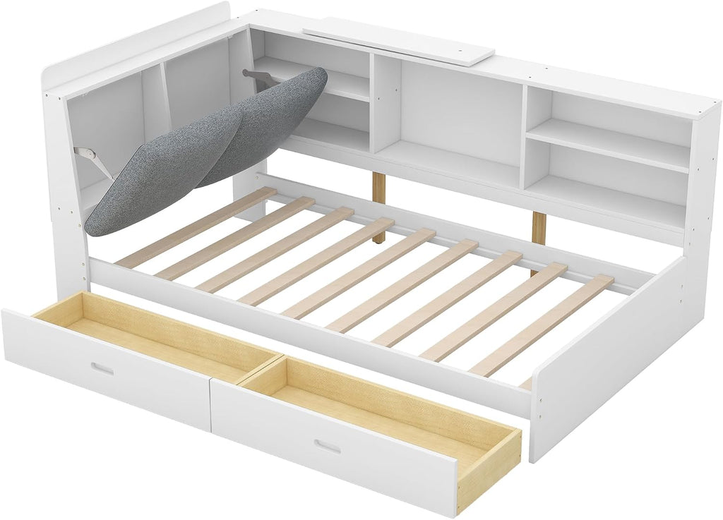 Twin Size Daybed with Storage Drawers and Bookcase,White | Pine Wood Corner Bed,Upholstered Storage Headboard,for Kids Boys Girls,Rotatable Board