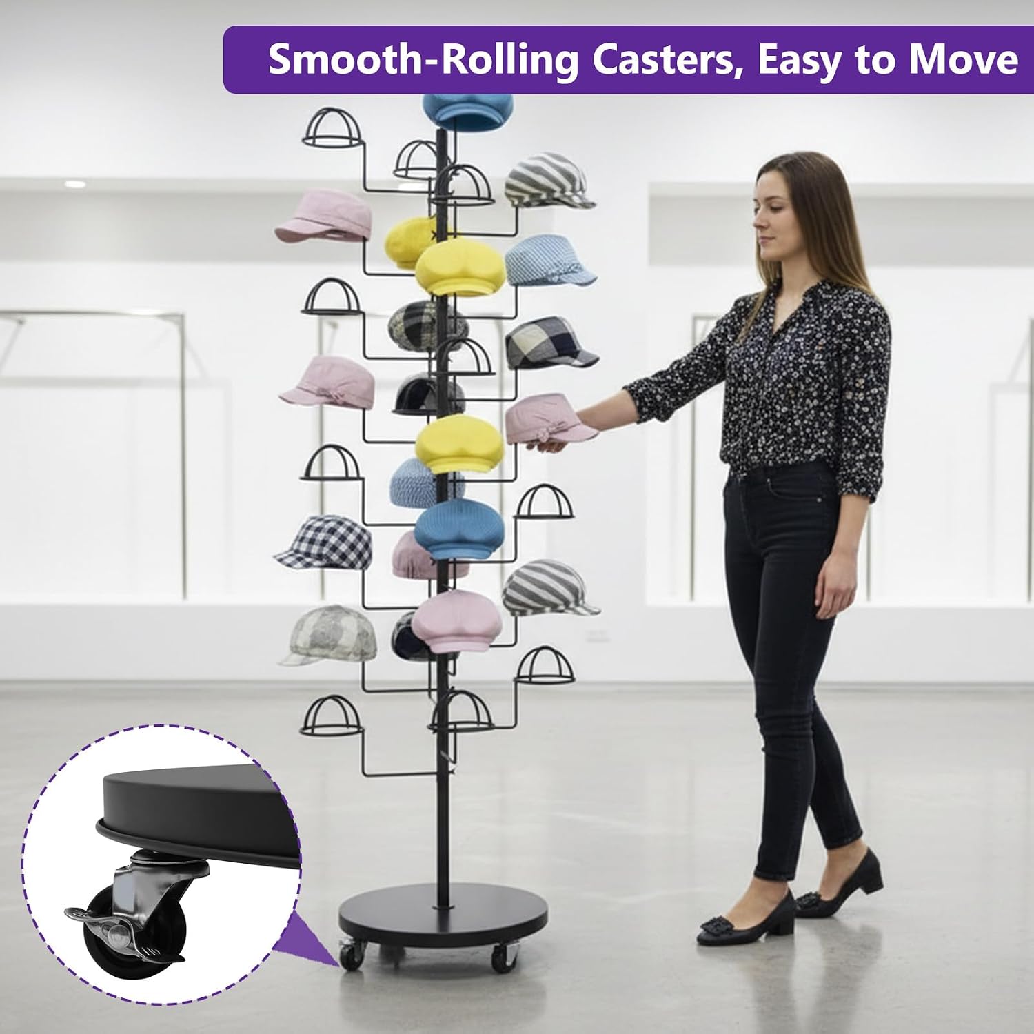 Metal Hats Display Rack with 30 Adjustable Hooks Floor Hat Rack Stand Hat Rack Display for Home Retail Store Hat Organizer Rack for Wig Cap(Black)