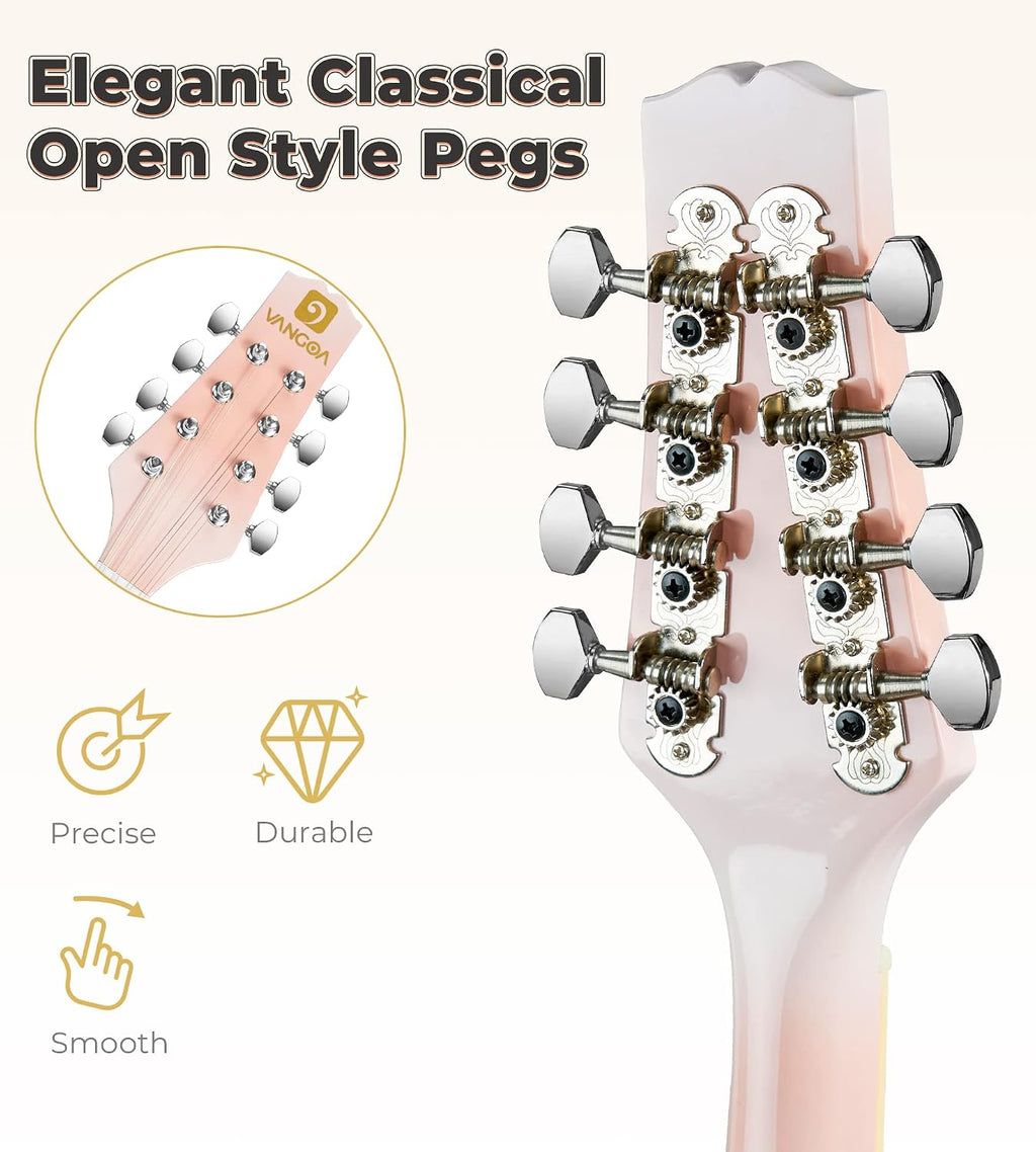 Vangoa Mandolin instrument A Style Mandolin Musical Instrument for Beginners Kids Adults, 8 String Acoustic Mahogany Starter Kits, Pink