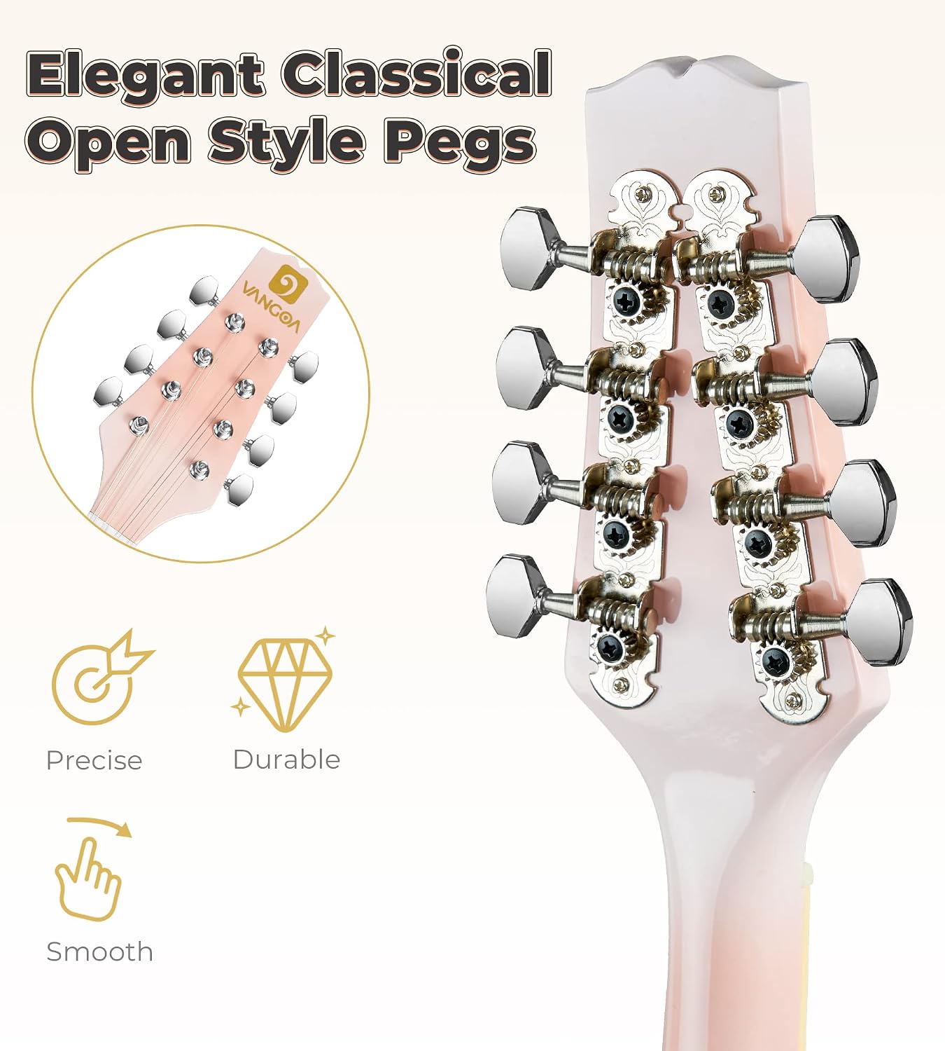 Vangoa Mandolin instrument A Style Mandolin Musical Instrument for Beginners Kids Adults, 8 String Acoustic Mahogany Starter Kits, Pink