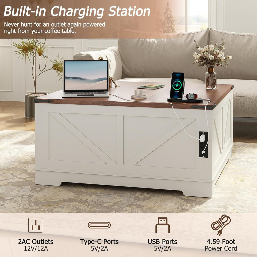 EAG 40' Large Farmhouse Lift Top Coffee Table with Hidden Compartment & Power Outlets, Square Wooden Coffee Table with Multi-Function Flip-Top Ample Storage Center Table for Living Room, White