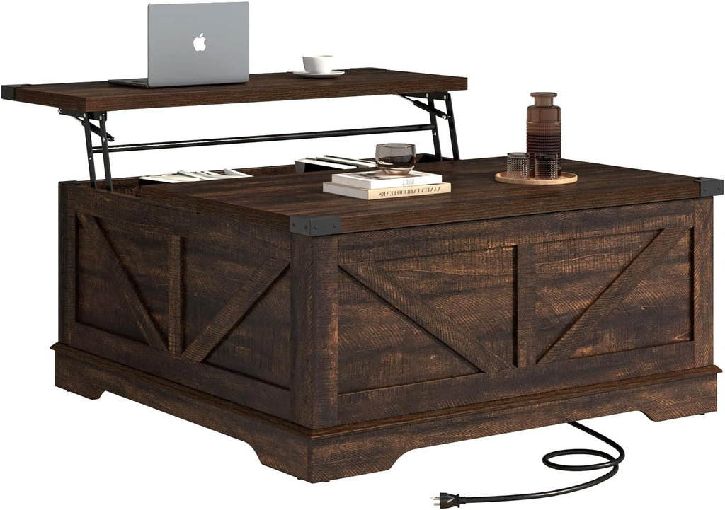 Hlivelood 40' Large Farmhouse Lift Top Coffee Table with Power Outlets and Large Hidden Storage, Square Wood Living Room Tables, Multi-Function Lift Wooden Barn Door Center Table, Brown