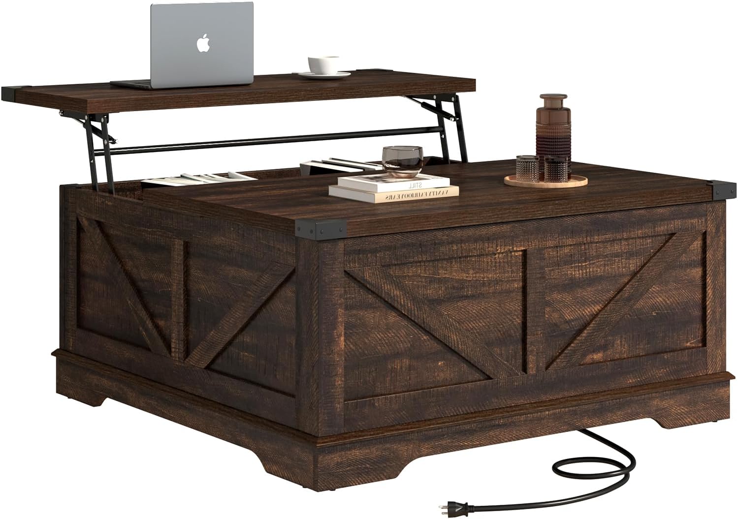 Hlivelood 40' Large Farmhouse Lift Top Coffee Table with Power Outlets and Large Hidden Storage, Square Wood Living Room Tables, Multi-Function Lift Wooden Barn Door Center Table, Brown