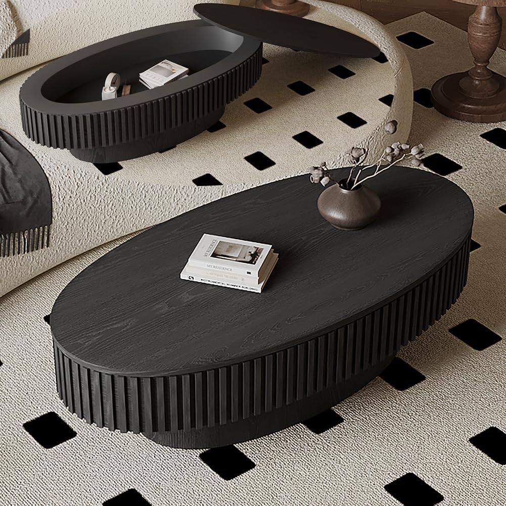 Black Oval Coffee Table with Storage for Living Room Fluted Coffee Table with Lid 47.2'' Modern Olive-Shaped Center Tables Pedestal Accent Tea Table for Apartment