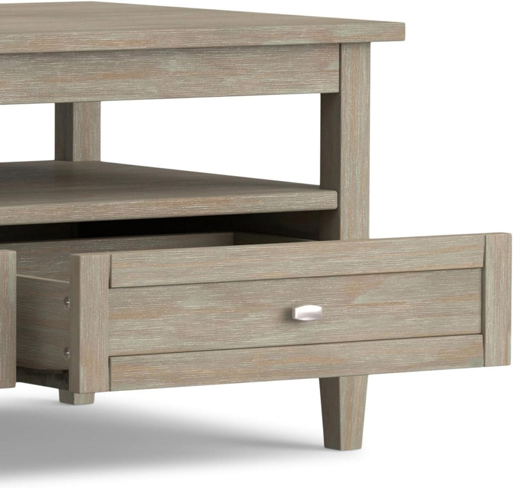 SIMPLIHOME Warm Shaker Coffee Table - 48 inch Wide Solid Wood Coffee Table in Distressed Grey, Transitional Living Room Table with 2 Drawers, Open Shelf, Shaker Fronts and Tapered Legs