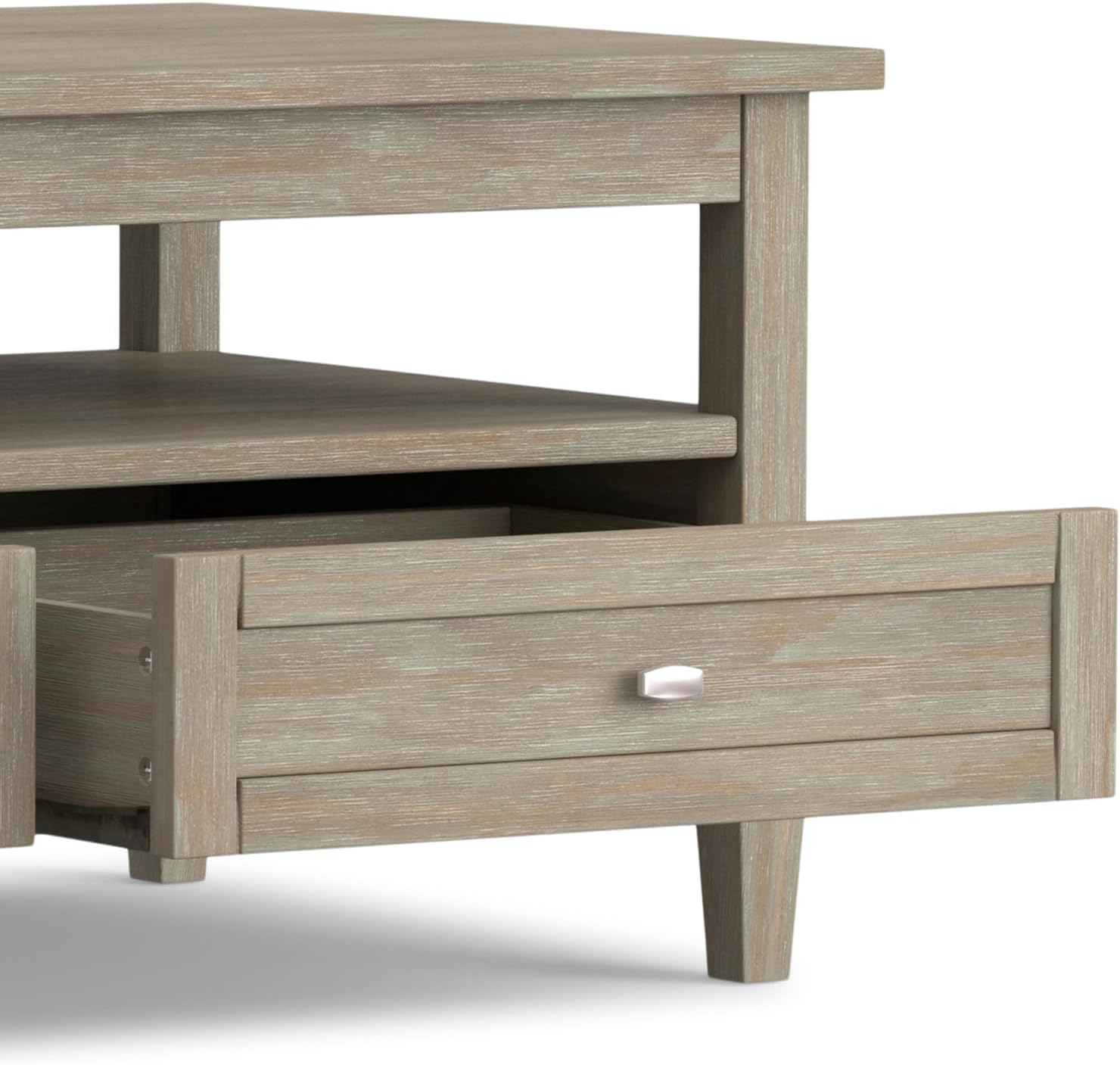 SIMPLIHOME Warm Shaker Coffee Table - 48 inch Wide Solid Wood Coffee Table in Distressed Grey, Transitional Living Room Table with 2 Drawers, Open Shelf, Shaker Fronts and Tapered Legs