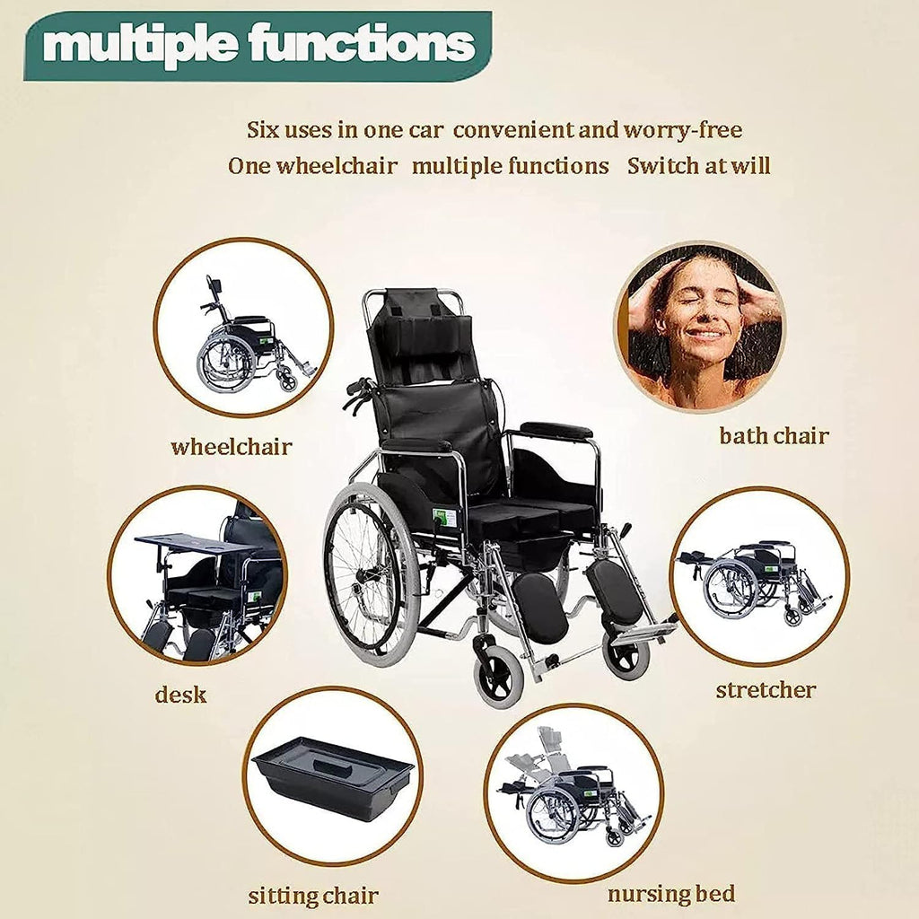 Fully Reclining Wheelchair 6 in 1 Multifunctional Folding Manual Wheelchair Commode W/Headrest High Back Bathroom Wheelchair Scooter for Seniors,220lbs