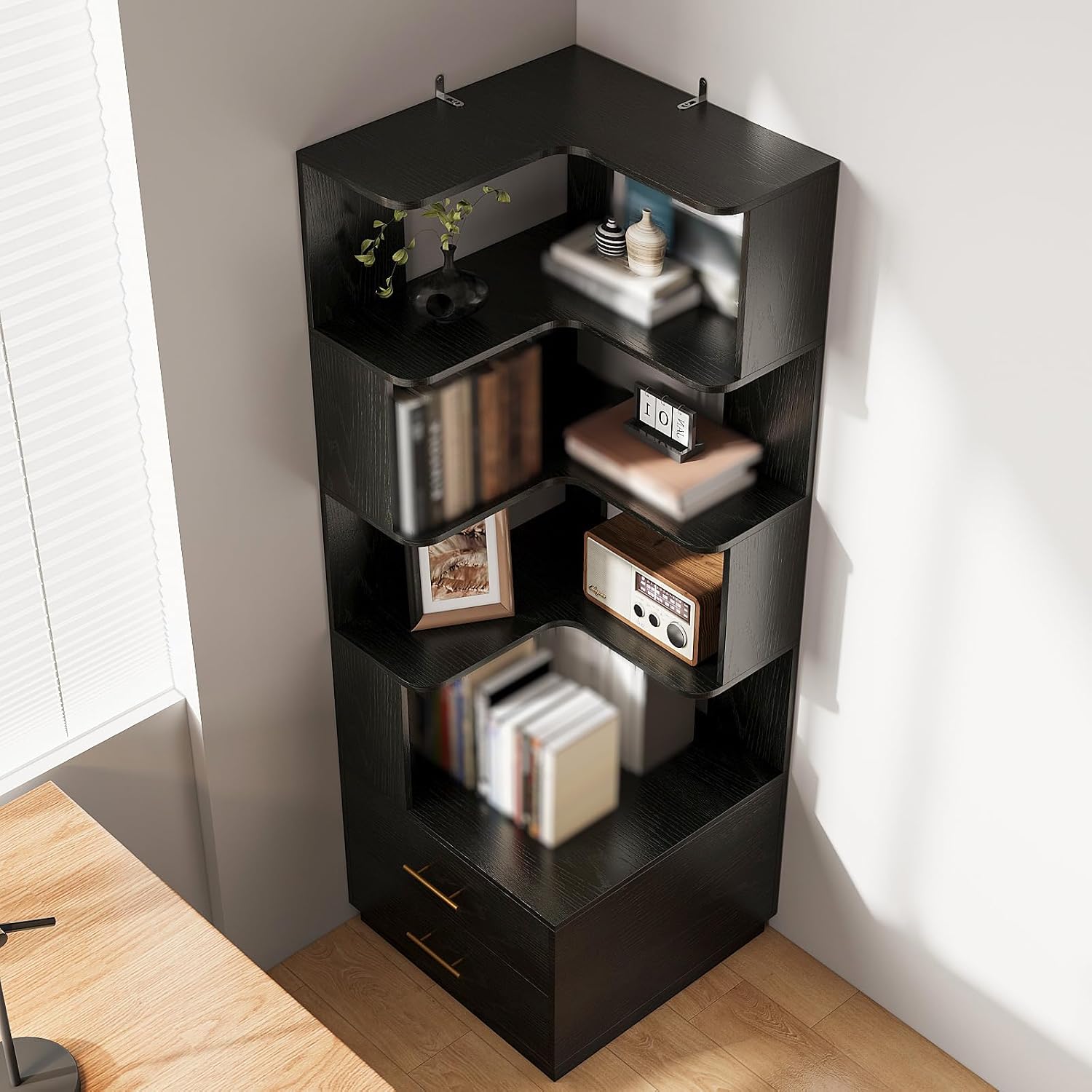 Corner Bookshelf with Drawers,66.9' L Shaped Tall Bookshelf and Bookcase,5 Tier Corner Bookcase with Storage Display Shelf Stand for Home Office, Living Room, Bedroom, Kitchen