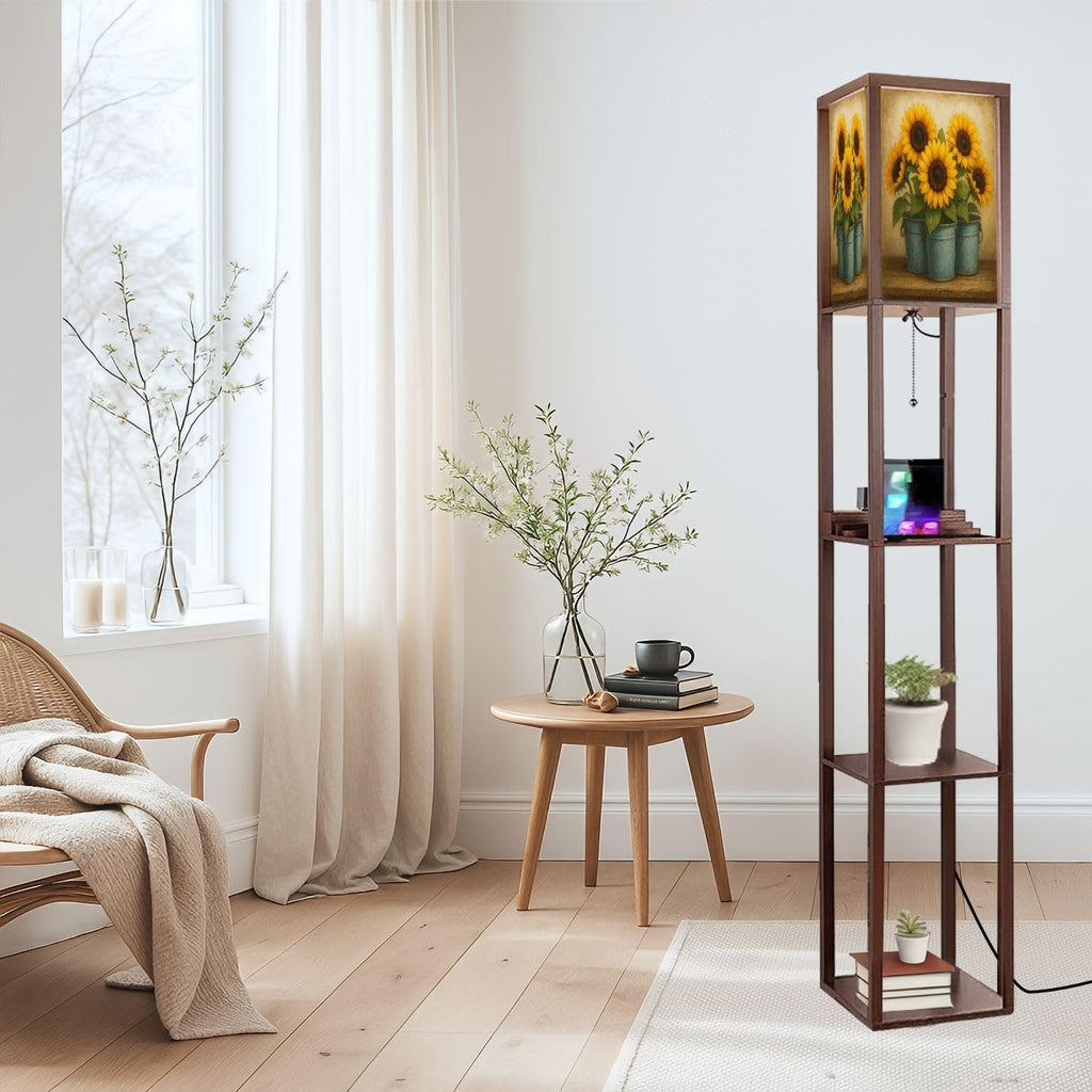 Floor Lamp with Shelves Vintage Sunflower Wildflower Pictures Rustic Flowers Farmhouse Country Standing Tall Lamp USB Ports & Power Outlet Modern Corner Lamp Nightstand Light for Living Room Bedroom