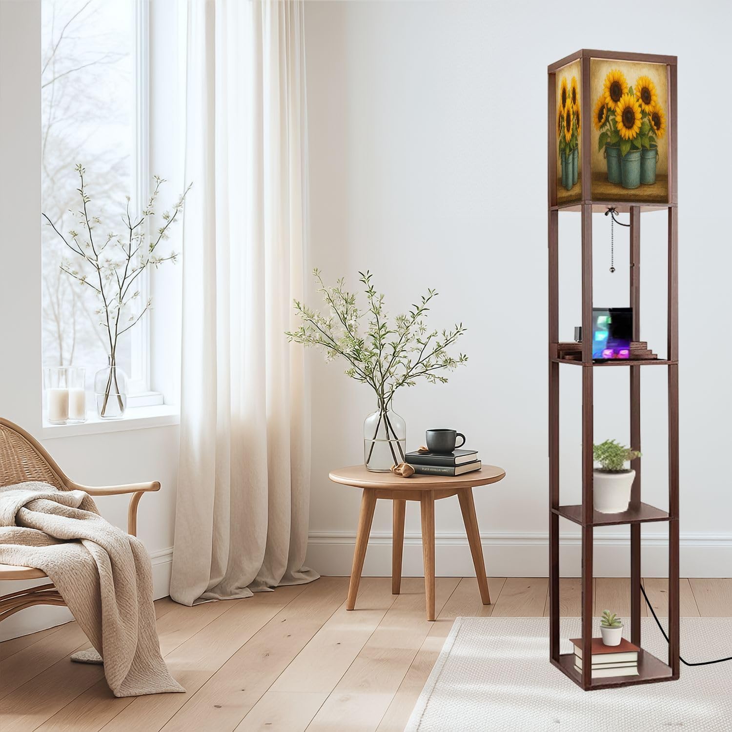 Floor Lamp with Shelves Vintage Sunflower Wildflower Pictures Rustic Flowers Farmhouse Country Standing Tall Lamp USB Ports & Power Outlet Modern Corner Lamp Nightstand Light for Living Room Bedroom