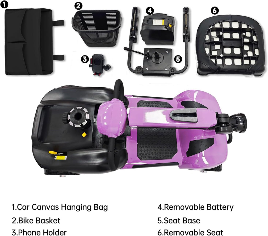 SAYYEAH 4 Wheels Mobility Scooter for Adults&Seniors, Max Speed:6mph, Mobility Scooter for Travel, with LED Headlights and Basket, Charger Included, (Purple/red/Blue/Silver) (Purple Plus)