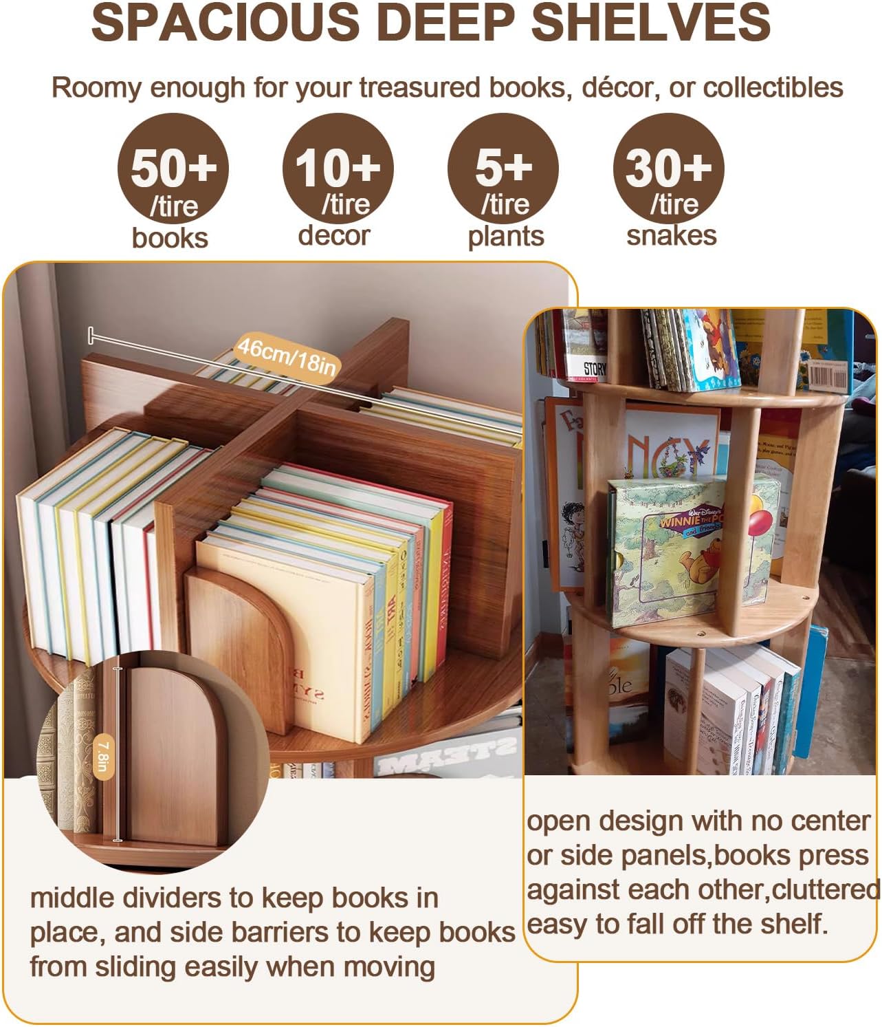 5 Tier Rotating Bookshelf with Cabinet On Wheel, 360° Display Spinning Corner Book Shelf Tower, Narrow Tall Bookshelves, Small Revolving Bookcase, Wooden Book Shelf Standing Storage Rack