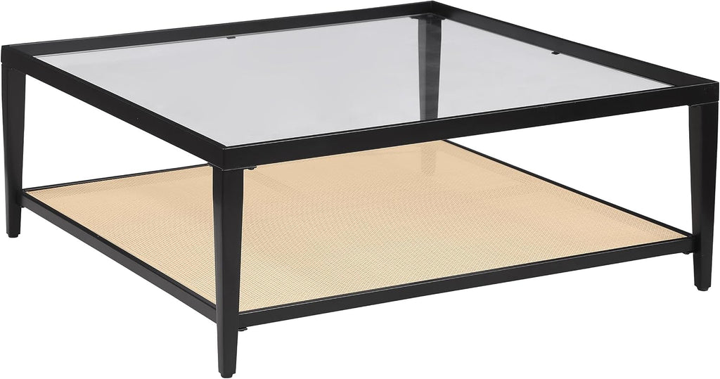 Coaster Home Furnishings - Amherst - Square Coffee Table with Glass Top, Black Metal Frame with Rattan Lower Shelf - Living Room - 40-Inch - Black - 710658