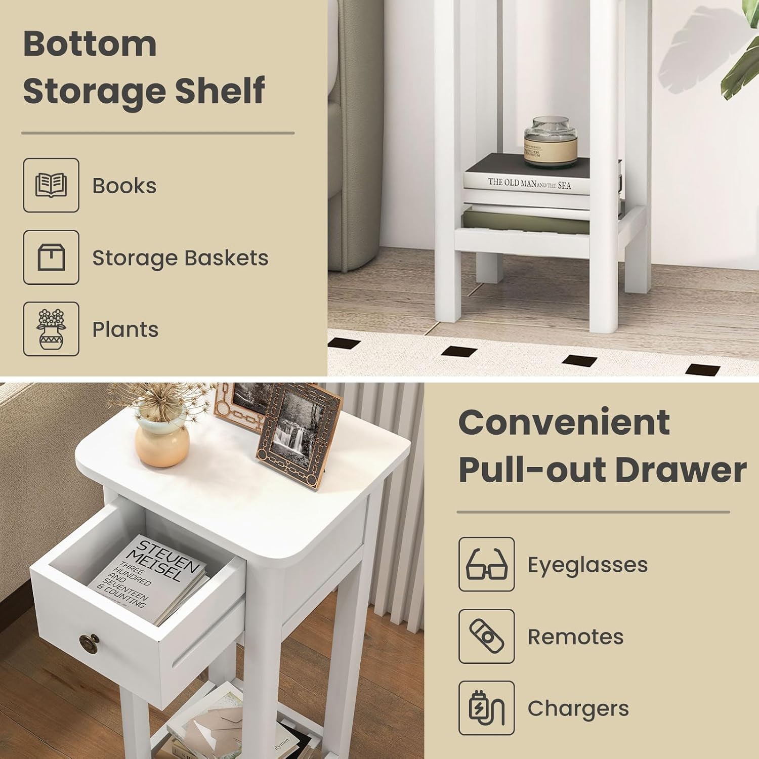 BECOMFORT Wooden End Table, Acacia Wood Bedside Table w/Shelf & Handy Drawer, Narrow Nightstand for Small Spaces in Living Room & Bedroom, No Assembly Required, 13.5' x 11.5' x 31.5' (2, White)