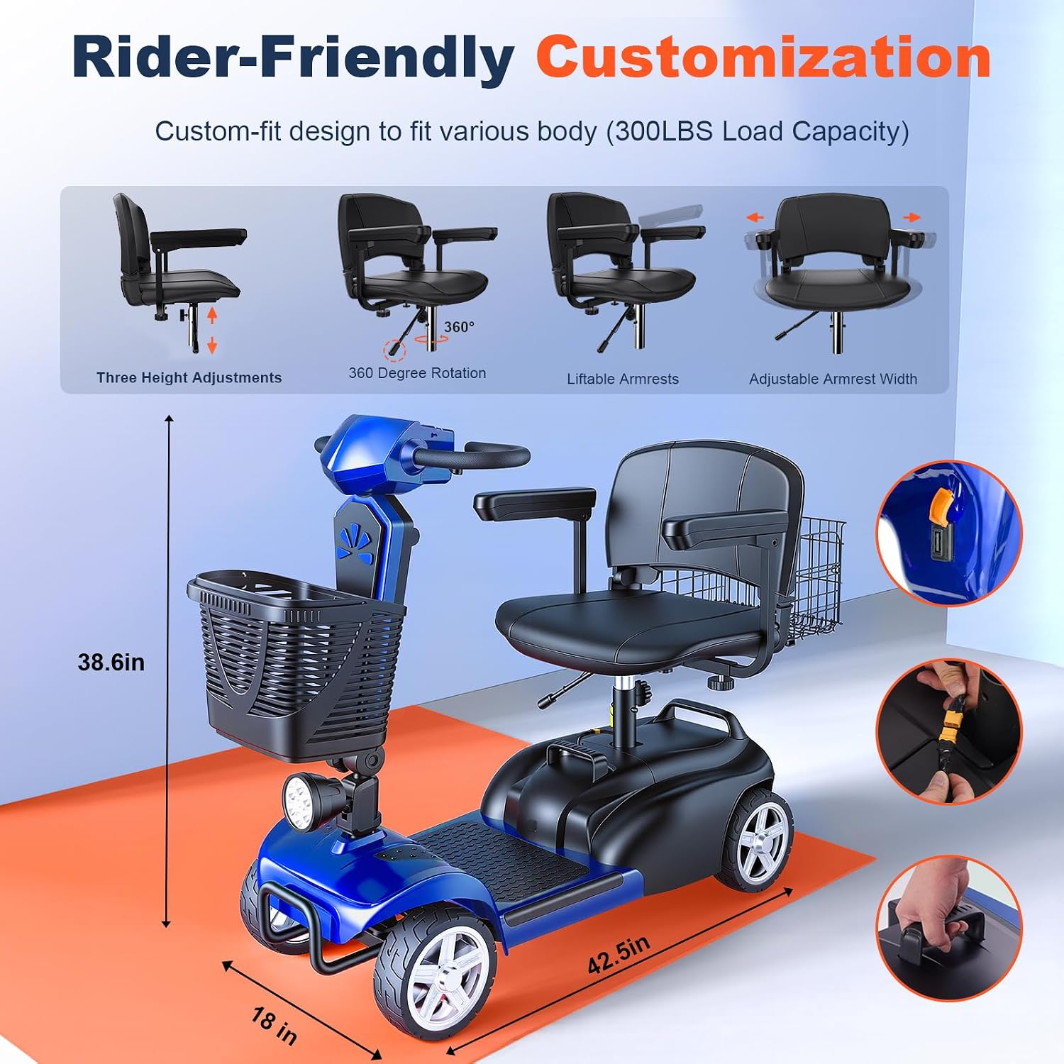15/25/30/50Miles Eldryvon 4 Wheels Electric Mobility Scooter for Seniors, Dual Basket, 350W Powered Wheelchair with Rotating Seat, Mirrors, Foldable Motorized Scooter for Adults (Blue, 25Miles)