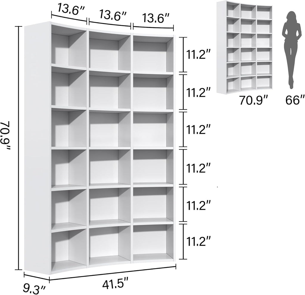 71' Triple Wide Bookshelf, 6 Tier Tall Bookshelf, Large Book Shelf with Curved Baffle, 41.5' Wide Bookcase with 18 Open Floor Standing Display Shelves for Living Room, White