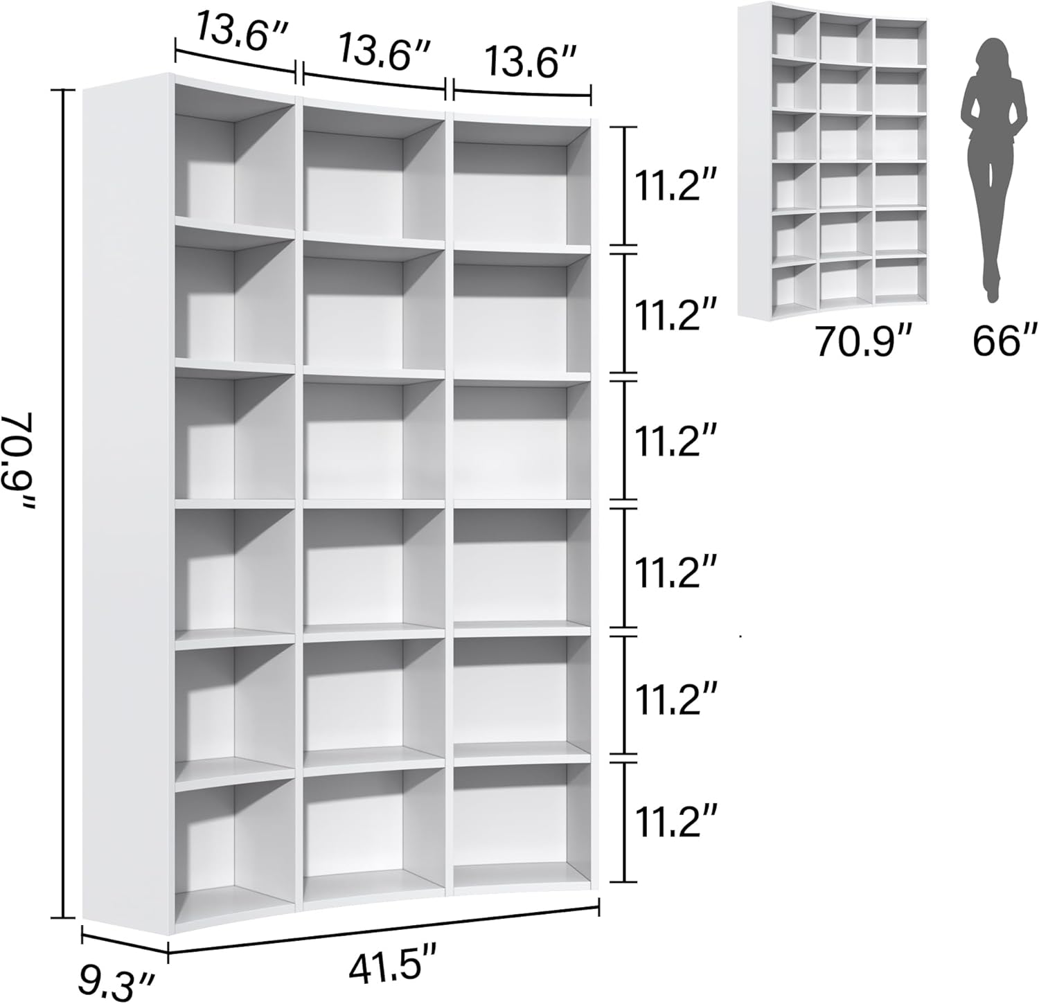 71' Triple Wide Bookshelf, 6 Tier Tall Bookshelf, Large Book Shelf with Curved Baffle, 41.5' Wide Bookcase with 18 Open Floor Standing Display Shelves for Living Room, White