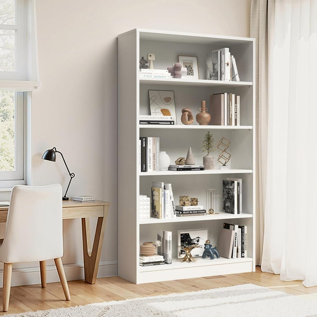 Farini 60 Inch Tall 5-Shelf Bookcase, Wood Bookshelf Storage Organizer Adjustable Shelf for Home Office, Study Room, Easy Assembly,White