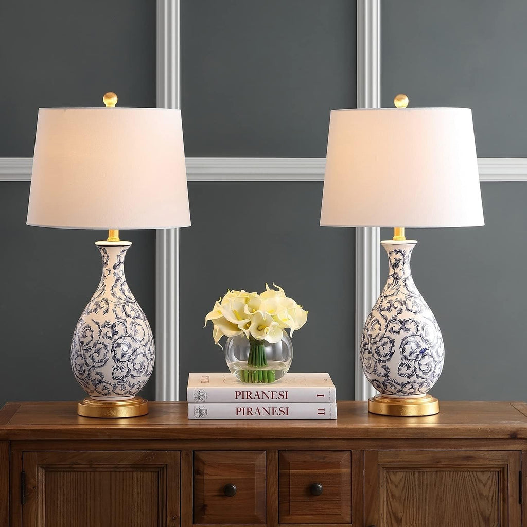 SAFAVIEH Lighting Collection – Avi Scroll Set of 2 Blue & White Chinoiserie Table Lamps, 28-Inch Ceramic Lamps for Bedroom, Living Room, Home Office (TBL4148A-SET2)