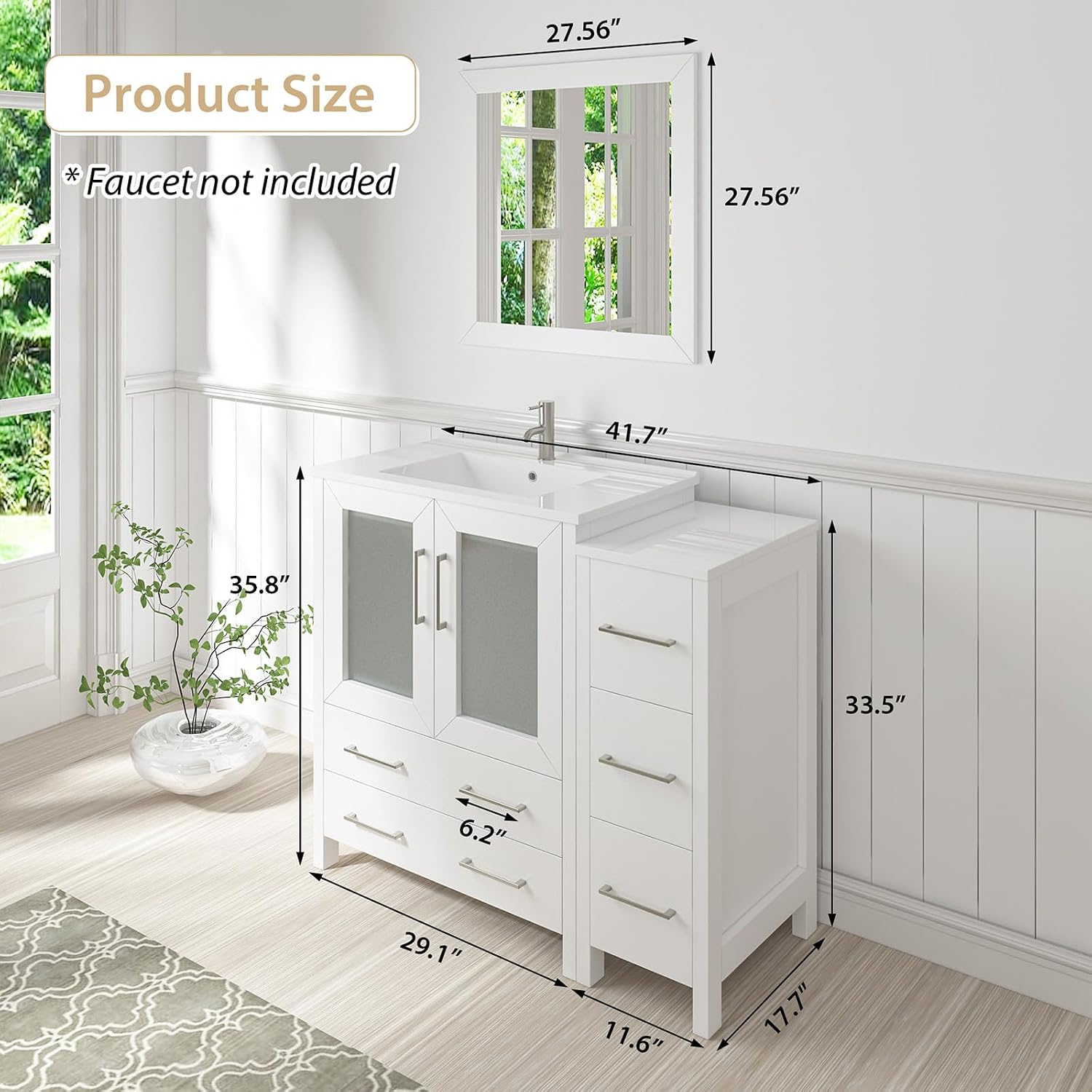Vanity Art 42 Inch Under Mount Single Sink Bathroom Vanity Cabinet with 1 Mirror, Ceramic Top Bathroom Cabinet Compact Set with 5 Dovetail Storage Drawers and Brushed Nickel Handles, VA3030-42W