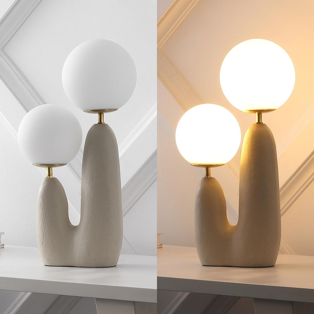 JONATHAN Y 17.75' Almond/Brass Gold Modern Bohemian Danish Cactus LED Table Lamp, 2-Light Mid-Century Minimalist Desk Light for Bedroom Living Room, Frosted Glass Globe Shades (JYL4065C)