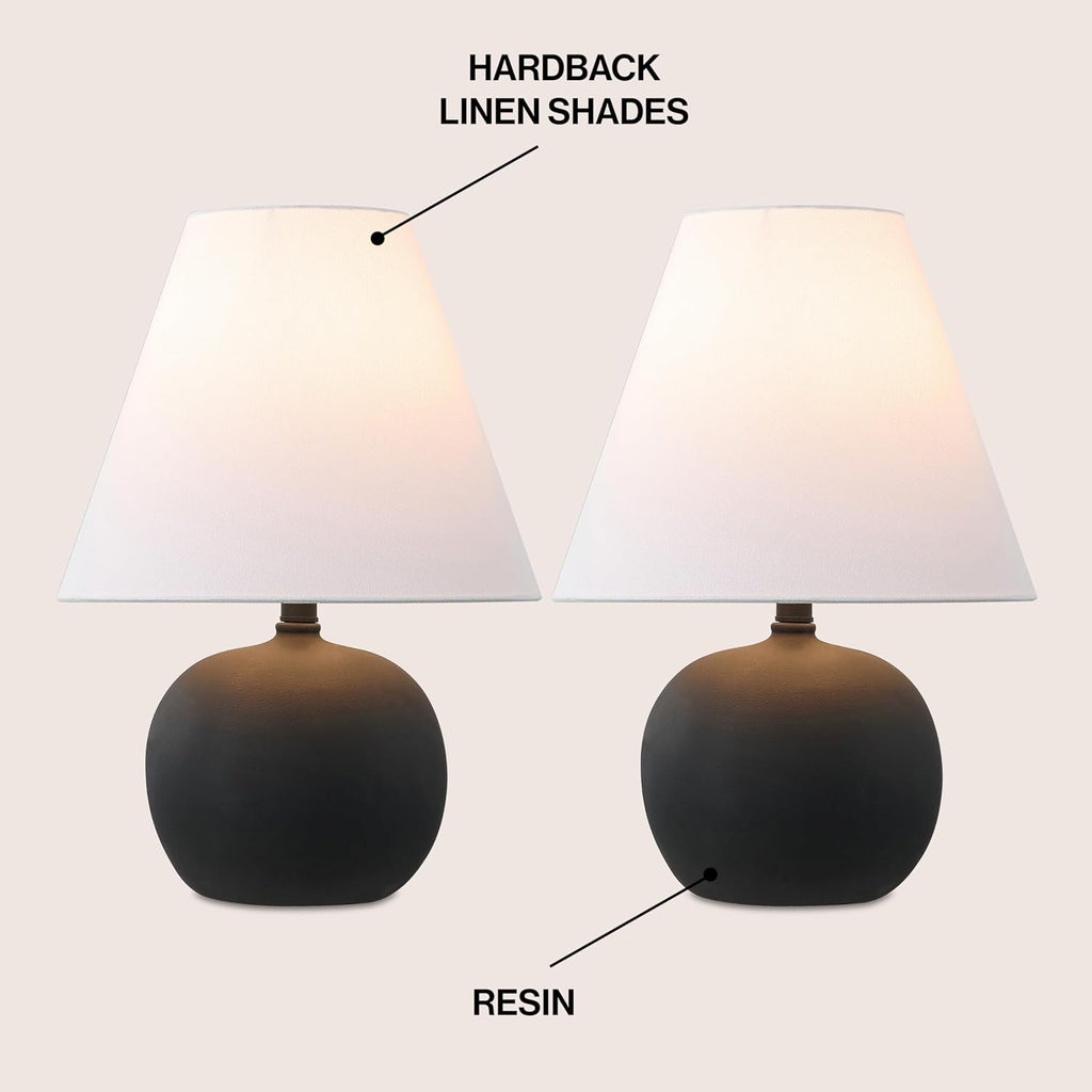 JONATHAN Y 18.25' Matte Black Modern Gourd LED Table Lamp Set of 2 for Bedroom, Scandinavian Resin Nightstand Lamps for Living Room, White Linen Shade JYL5602A-SET2