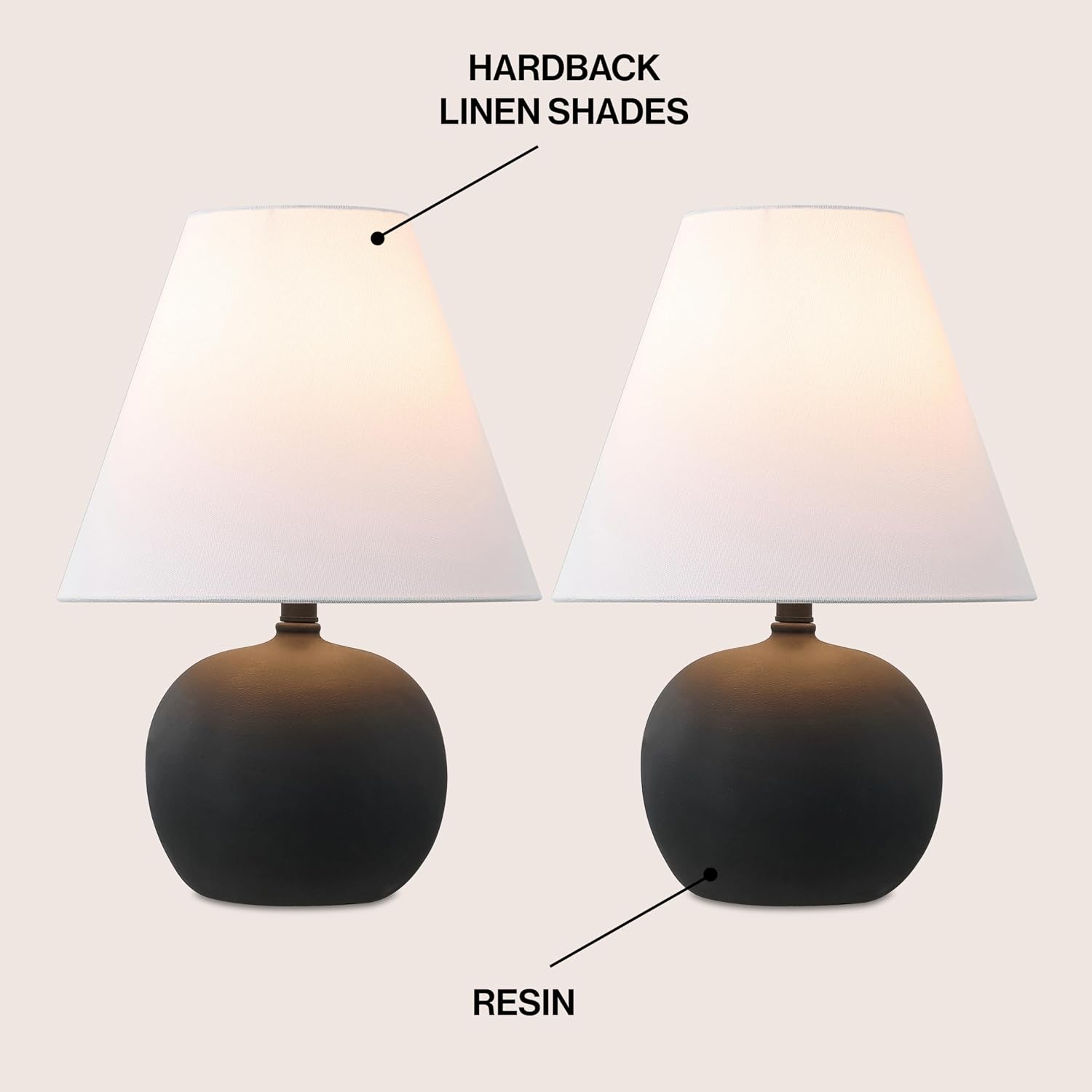JONATHAN Y 18.25' Matte Black Modern Gourd LED Table Lamp Set of 2 for Bedroom, Scandinavian Resin Nightstand Lamps for Living Room, White Linen Shade JYL5602A-SET2