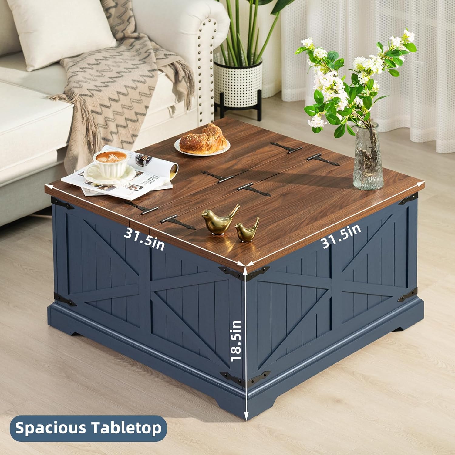 Joaxswe Farmhouse Coffee Table with Large Hidden Storage Compartment, Navy Blue Square Center Table, Wood Rustic Low Modern Living Room Tables with Hinged Lift Brown Top & Wooden Arc Base