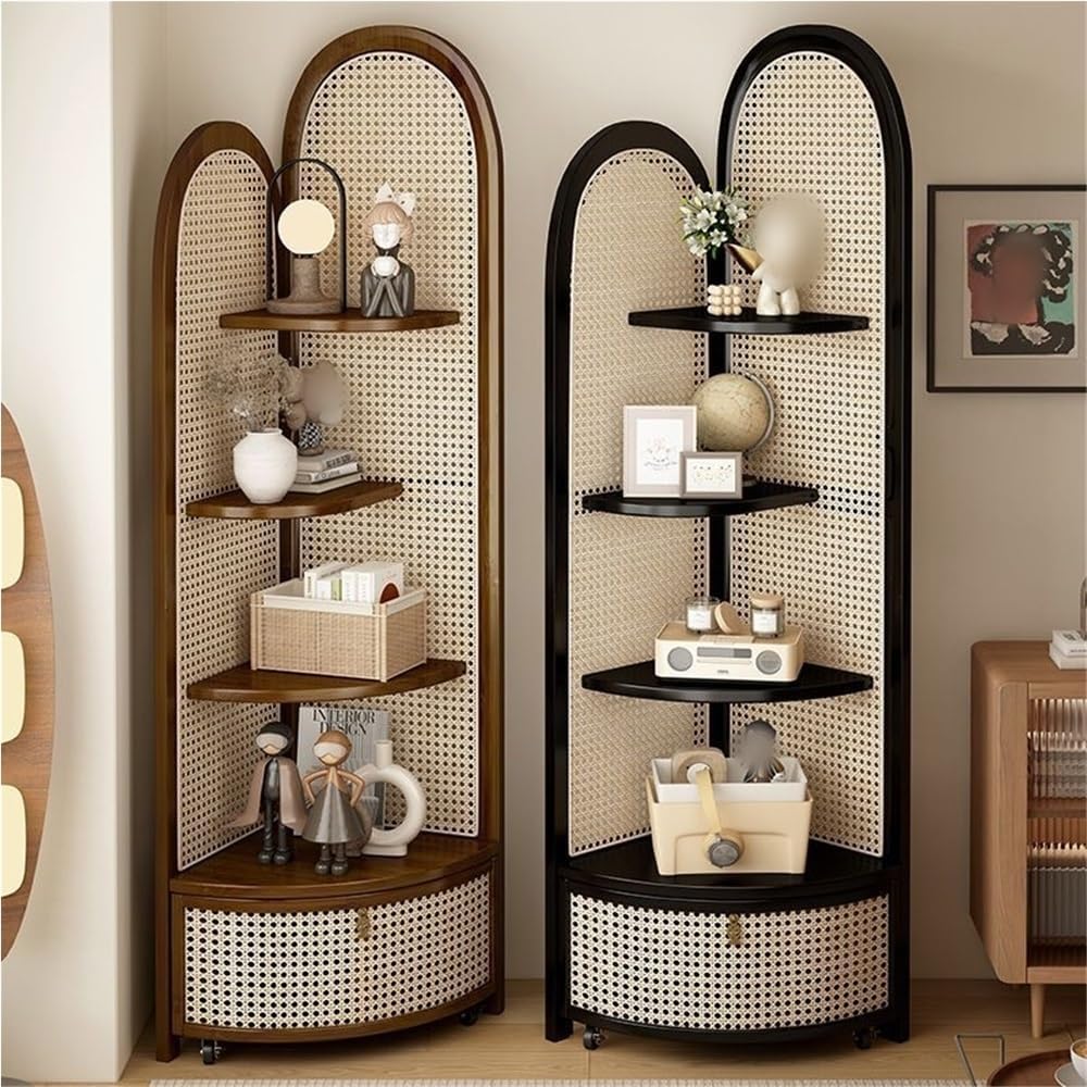5 Tier Corner Shelf with Pulley, Rattan Bookshelf, Standing Shelf Organizer with Storage Basket, Minimalist Corner Display for Living Room, Bedroom, Office(Khaki)