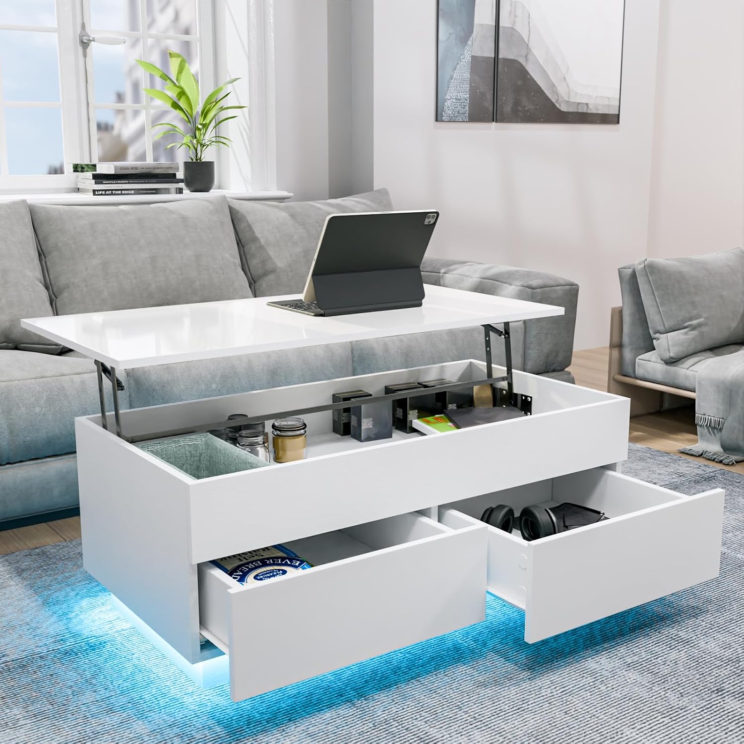 HOMMPA 40'' Lift Top Coffee Table for Living Room, White Coffee Tables with Storage, LED Modern Coffee Table Rectangular White Gloss, Flip Top Center Table with 2 Drawers and Hidden Compartment