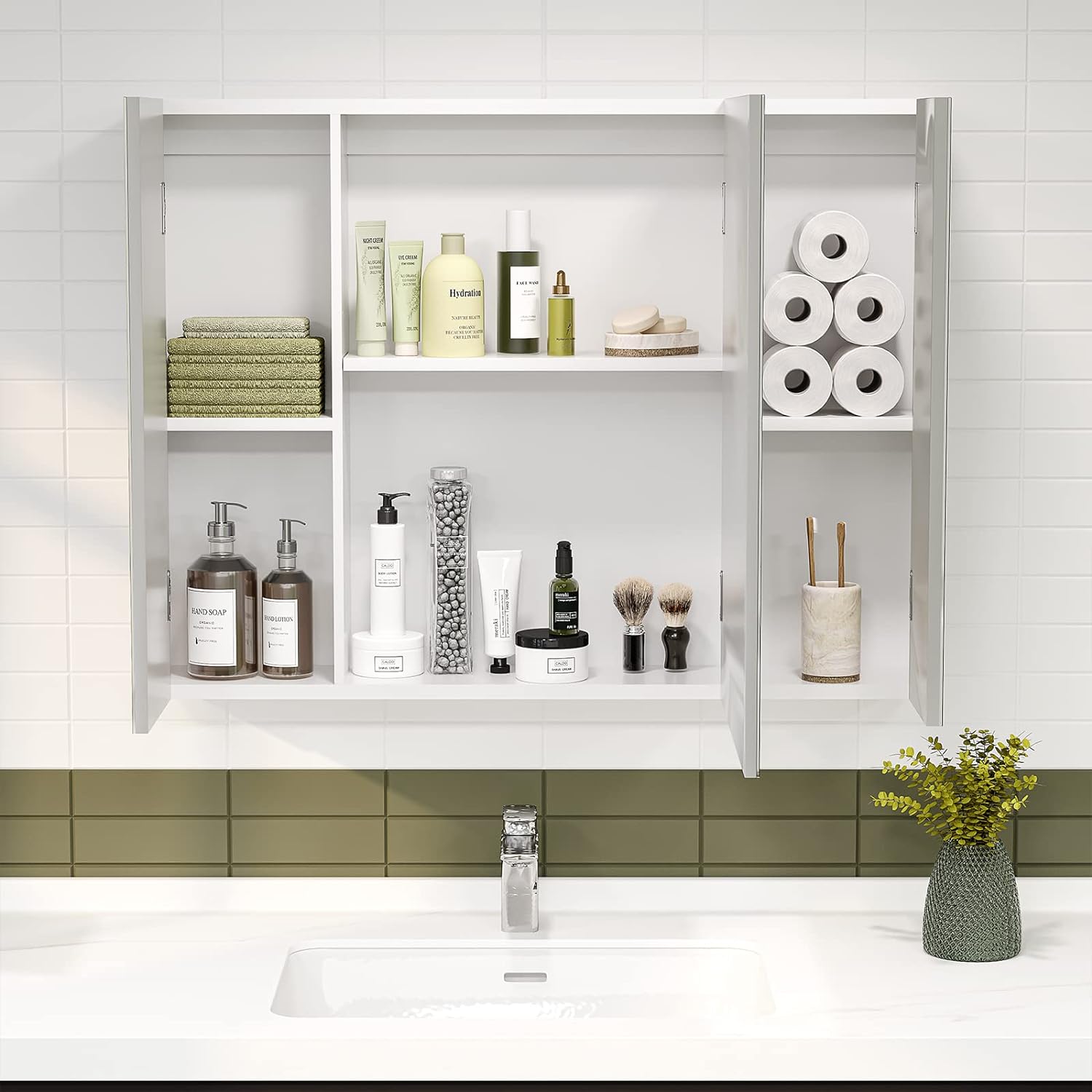 DICTAC Bathroom Medicine Cabinet with Mirrors 31.5x23.62 Inch Storage Cabinet with Mirror Wall Mounted Bathroom Mirror with Adjustable Storage Shelves and 3 Doors Mirror Medicine Cabinets for bathroom