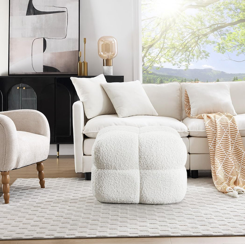 ONEVOG 21' Cream White Modern Ottoman, Square Fuzzy Couch Sherpa Pouf Ottoman, Tufted Fluffy Boucle Fabric Foot Stools, Upholsered Footrest & Coffee Table for Living Room Bedroom, Cute Pouf Home Decor