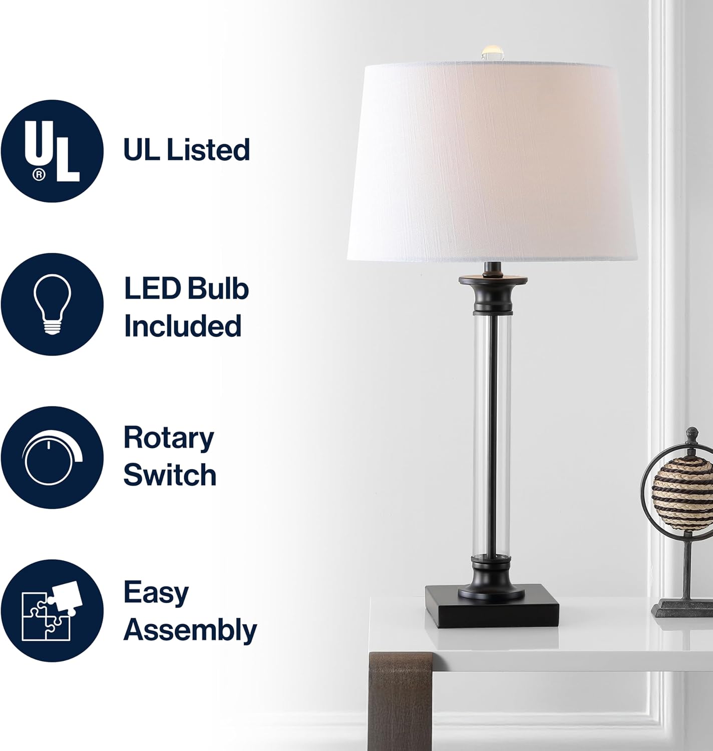 JONATHAN Y 30' Black/Clear Glass and Metal Column Table Lamp Set of 2 for Living Room Bedroom, Traditional Iron Base with White Linen Drum Shade, LED Bulbs Included JYL1008A-SET2