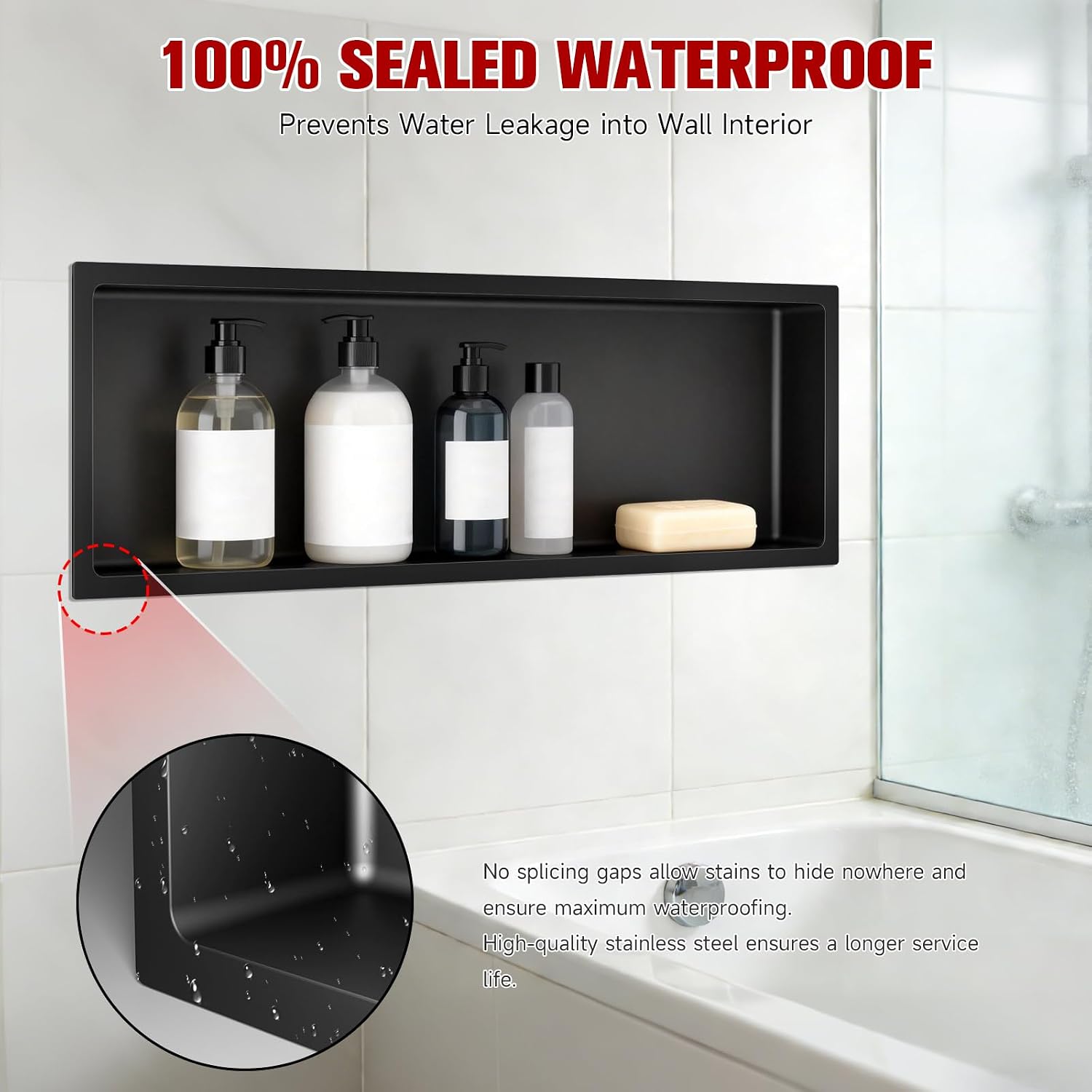 VELPAX No Tile Needed Shower Niche 12'X 36', Bathroom Wall Niche Single Shelf, Stainless Steel Shower Niche for Bathroom, Kitchens, Balconies