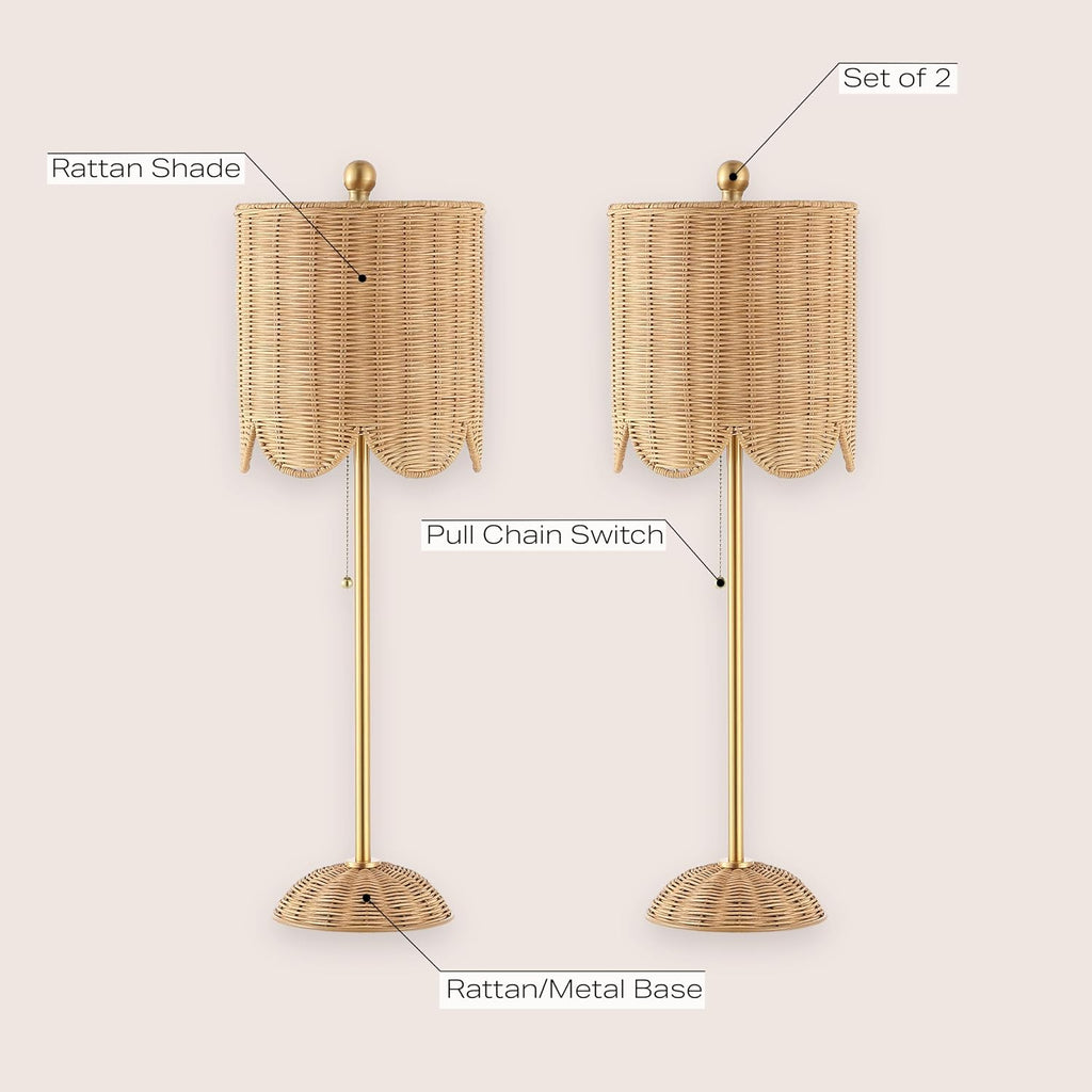 JONATHAN Y 27.5' Brass Gold Coastal Buffet Table Lamp Set of 2 for Bedroom, Boho Table Lamps with Natural Rattan Scalloped Shade, Pull Chain, LED Bulbs Included JYL1138A-SET2