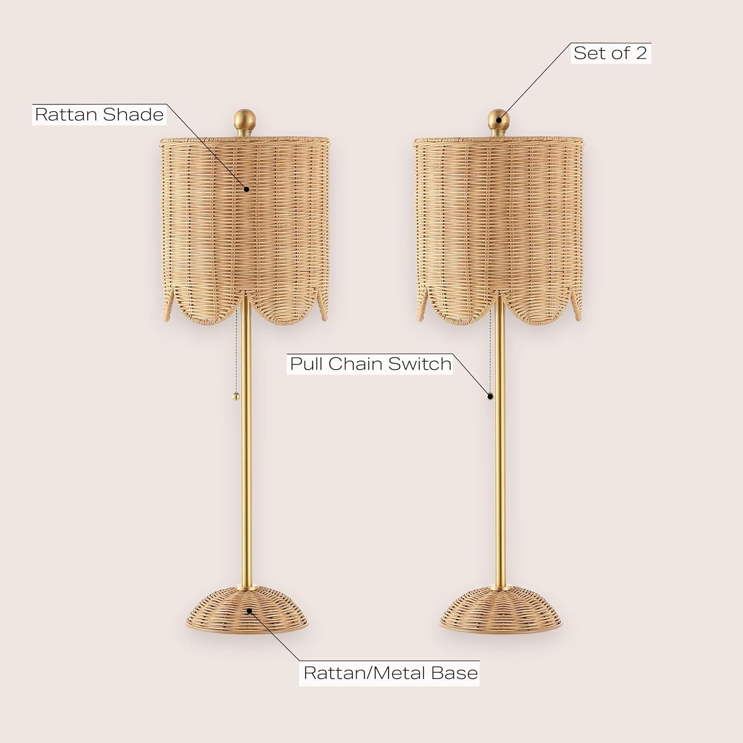 JONATHAN Y 27.5' Brass Gold Coastal Buffet Table Lamp Set of 2 for Bedroom, Boho Table Lamps with Natural Rattan Scalloped Shade, Pull Chain, LED Bulbs Included JYL1138A-SET2