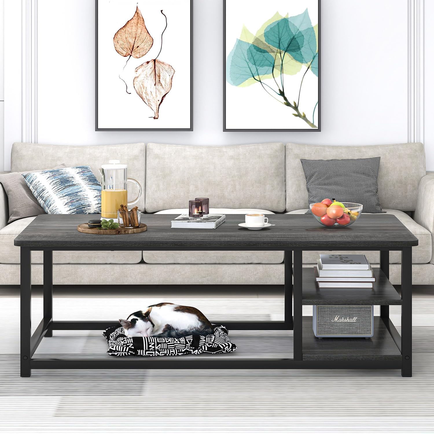 EXCEFUR Coffee Table, Rustic Wood and Metal Living Room Table with Adjustable Storage Shelf, Dark Grey, 47 Inch