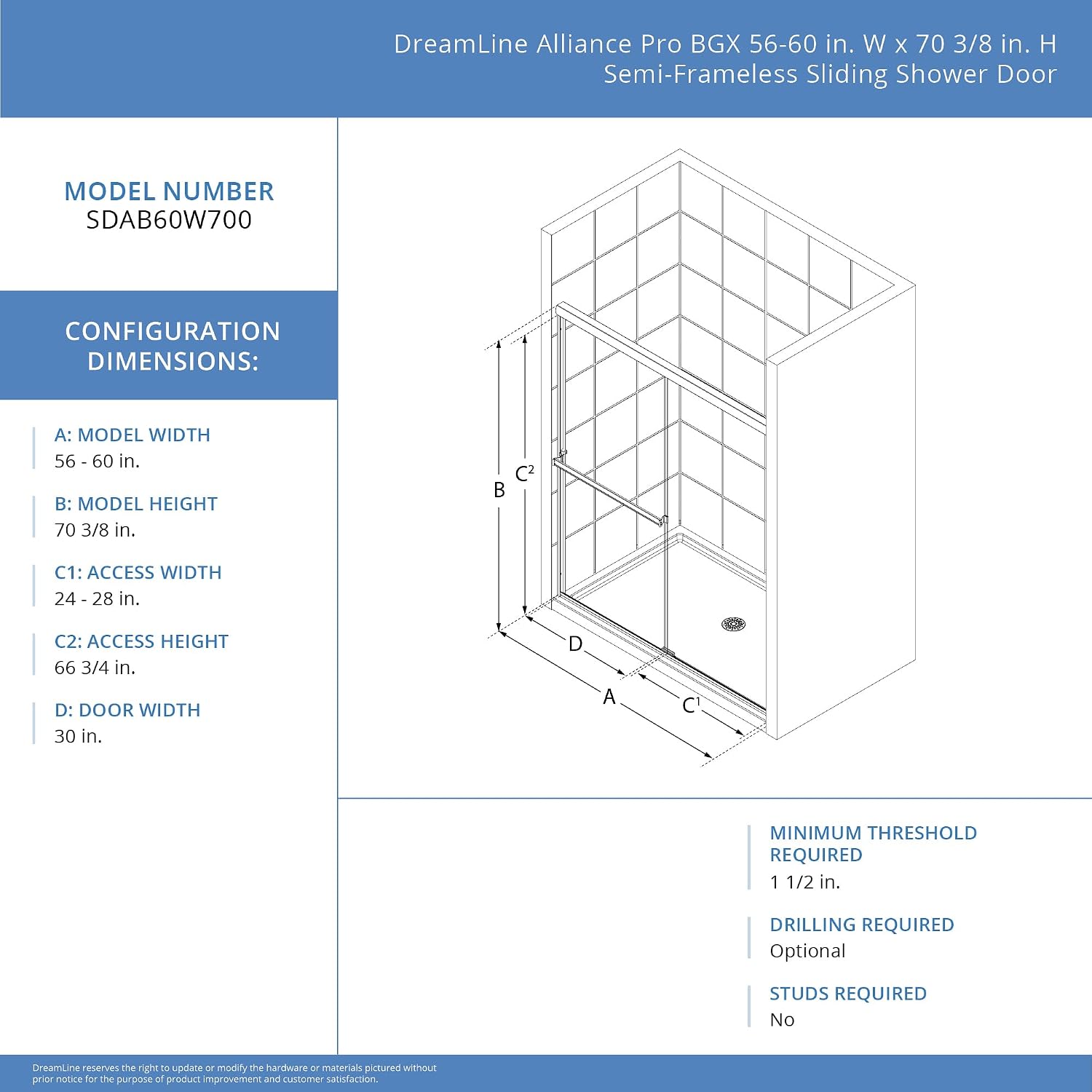 DreamLine Alliance Pro BGX 56-60 inch W x 70 3/8 inch H Semi-Frameless Bypass Shower Door in Brushed Nickel and Clear Glass