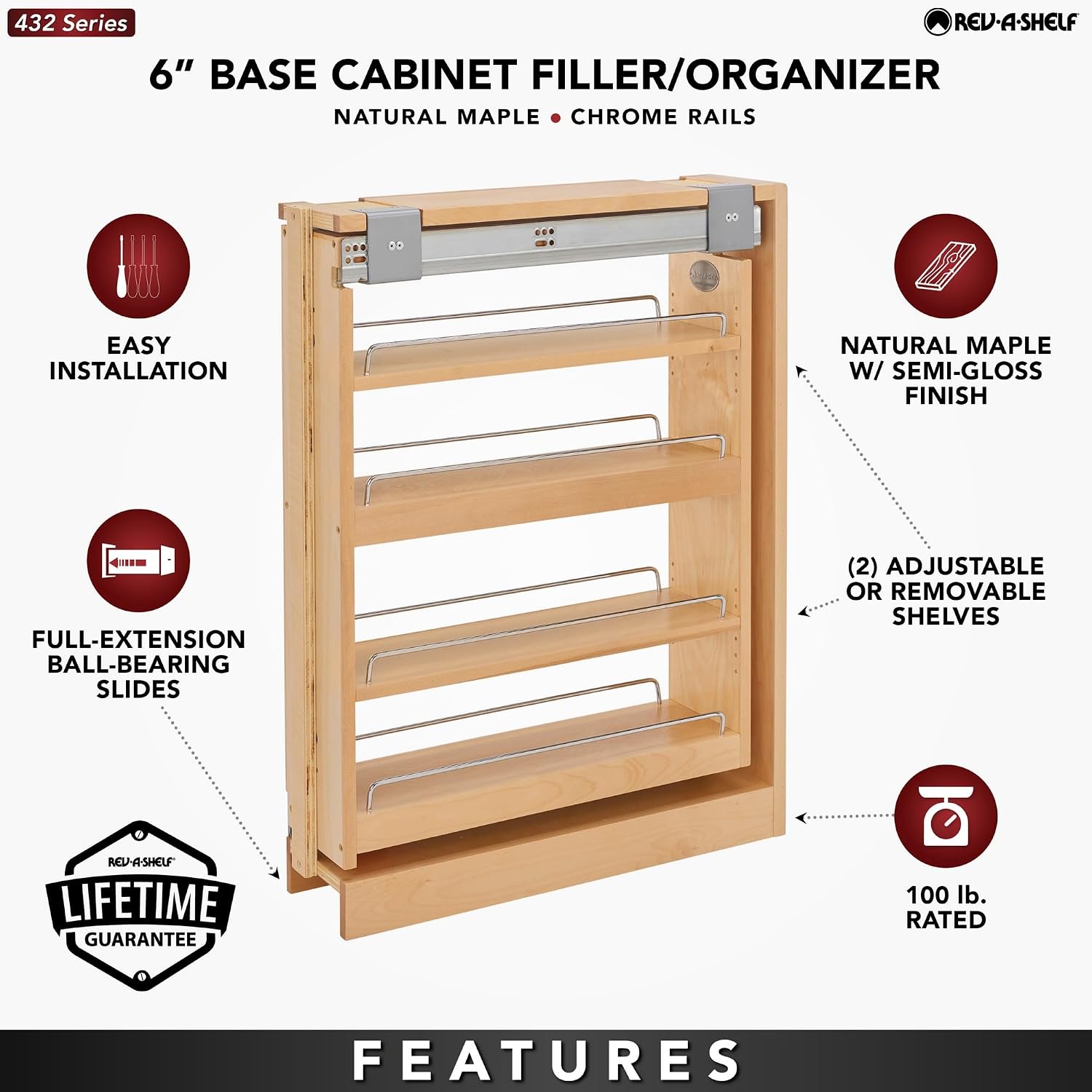 Rev-A-Shelf Pullout Filler for Between Base Kitchen Cabinets, Wooden Pantry Storage Shelves for 6' W x 30' H Opening, New Install Only, 432-BF-6C