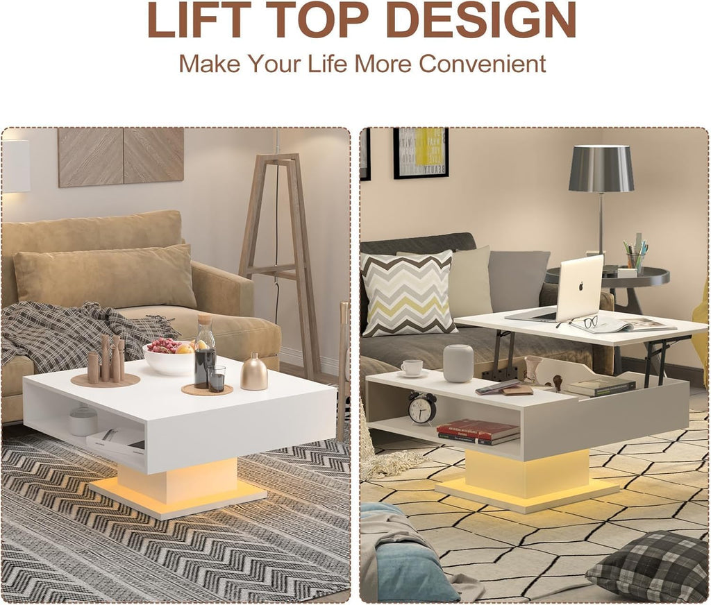 Square Lift Top Coffee Table with Storage, White Led Coffee Table for Living Room with Large Hidden Storage, 30.7' Wood Table Led Center Table for Dining Reception Room