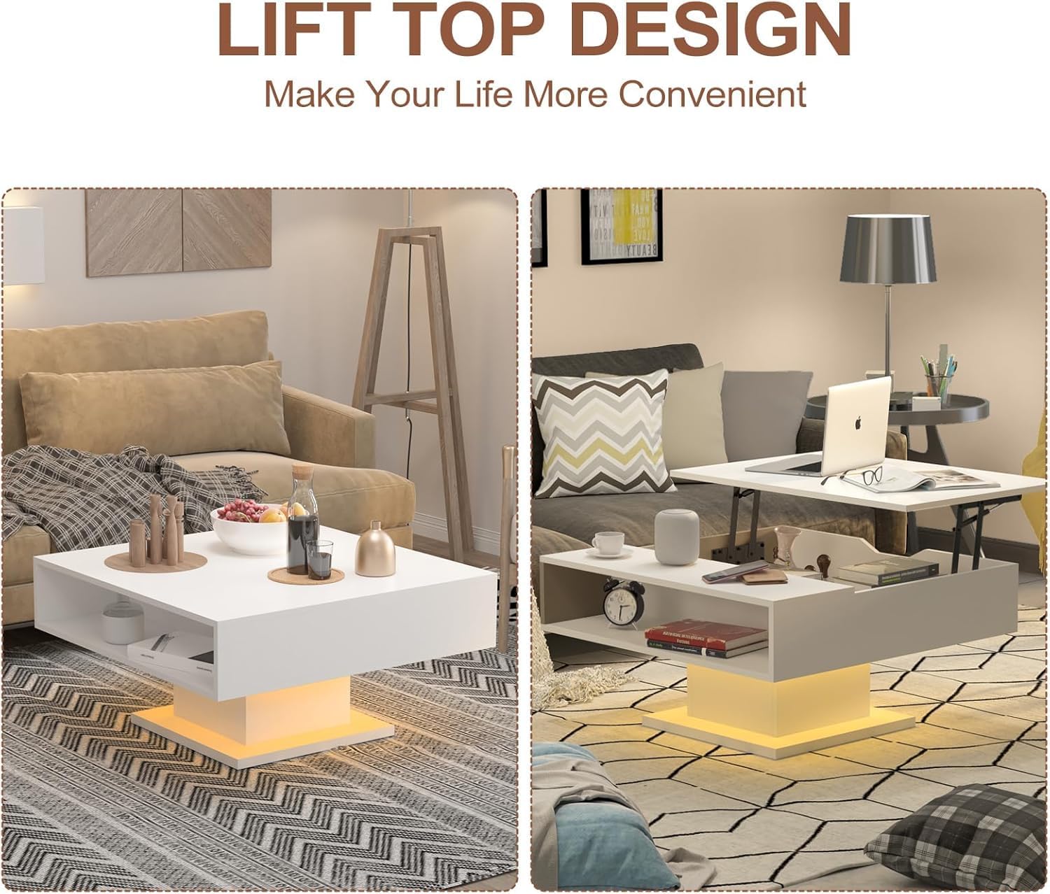 Square Lift Top Coffee Table with Storage, White Led Coffee Table for Living Room with Large Hidden Storage, 30.7' Wood Table Led Center Table for Dining Reception Room