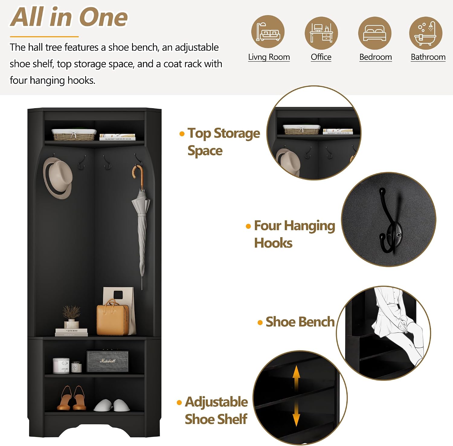 Corner Hall Tree, Versatile Wood Hall Tree with Shoe Bench & 4 Hooks, Modern Coat Rack Corner Cabinet with Adjustable Shelf for Hallway, Entryway, Bedroom,Living Room, Black